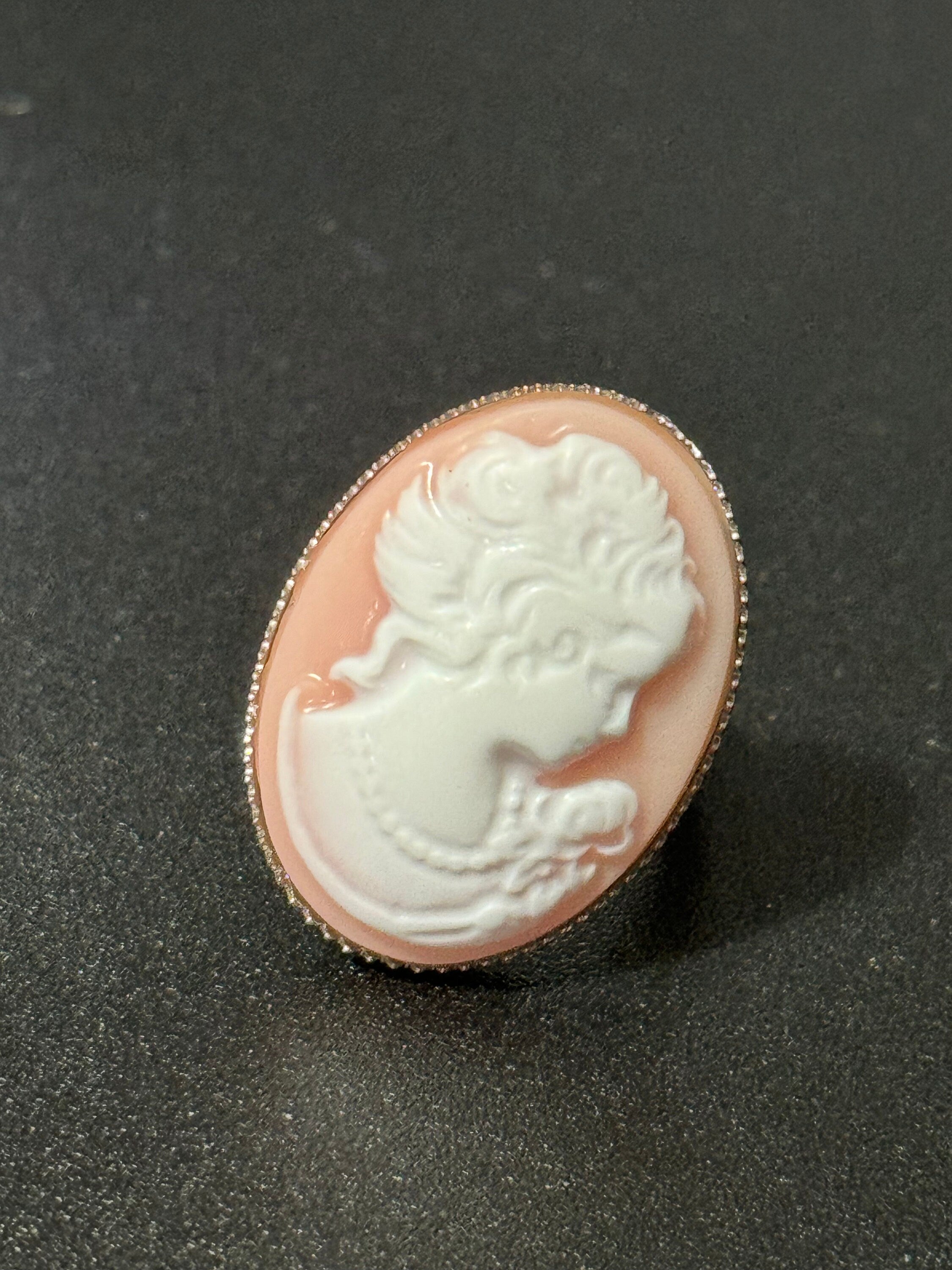 Pink resin cameo lady ring adjustable non tarnish stainless steel