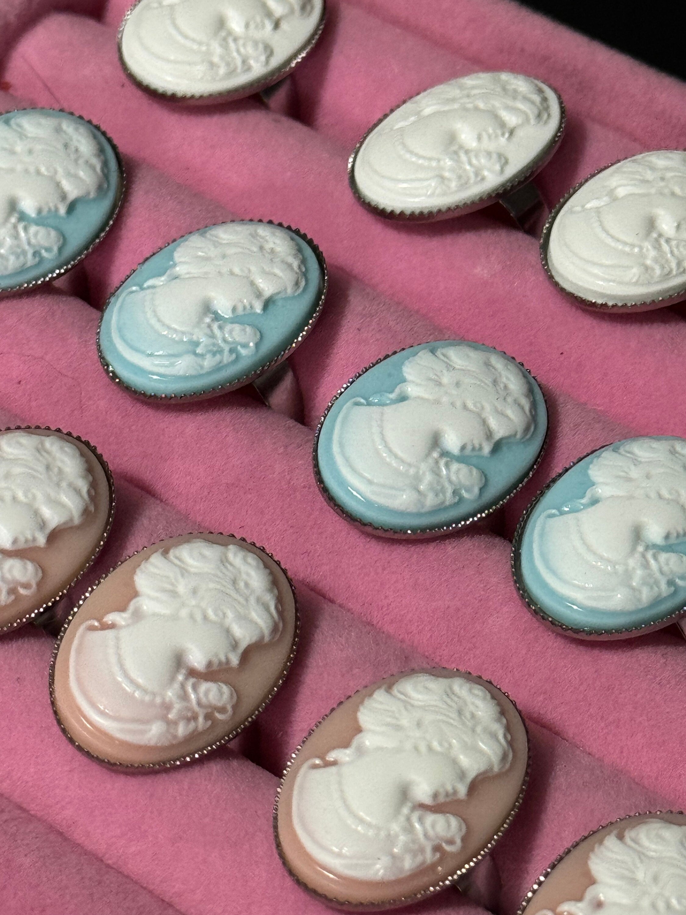 Pink resin cameo lady ring adjustable non tarnish stainless steel