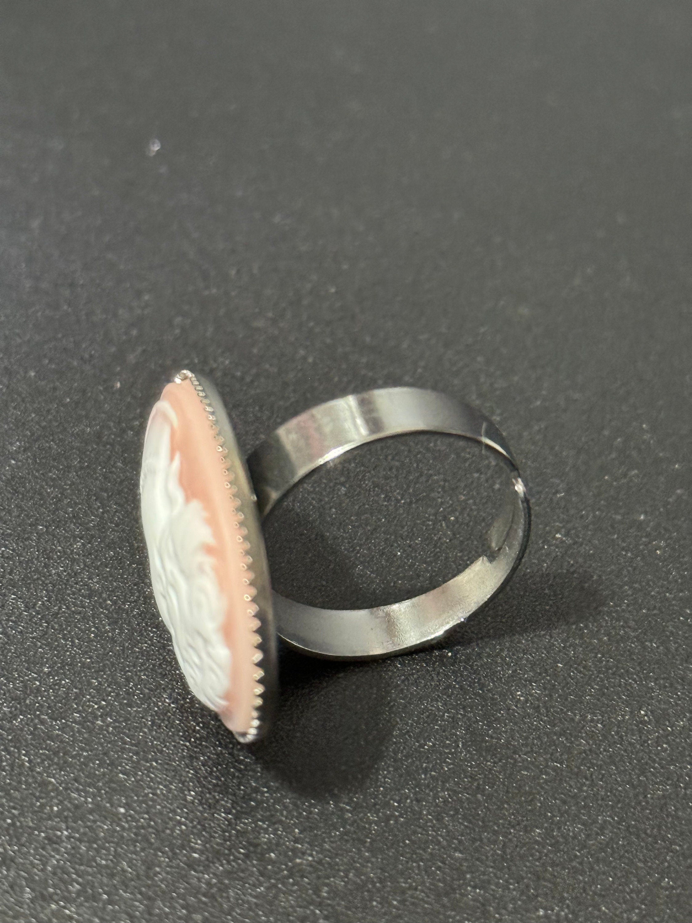 Pink resin cameo lady ring adjustable non tarnish stainless steel
