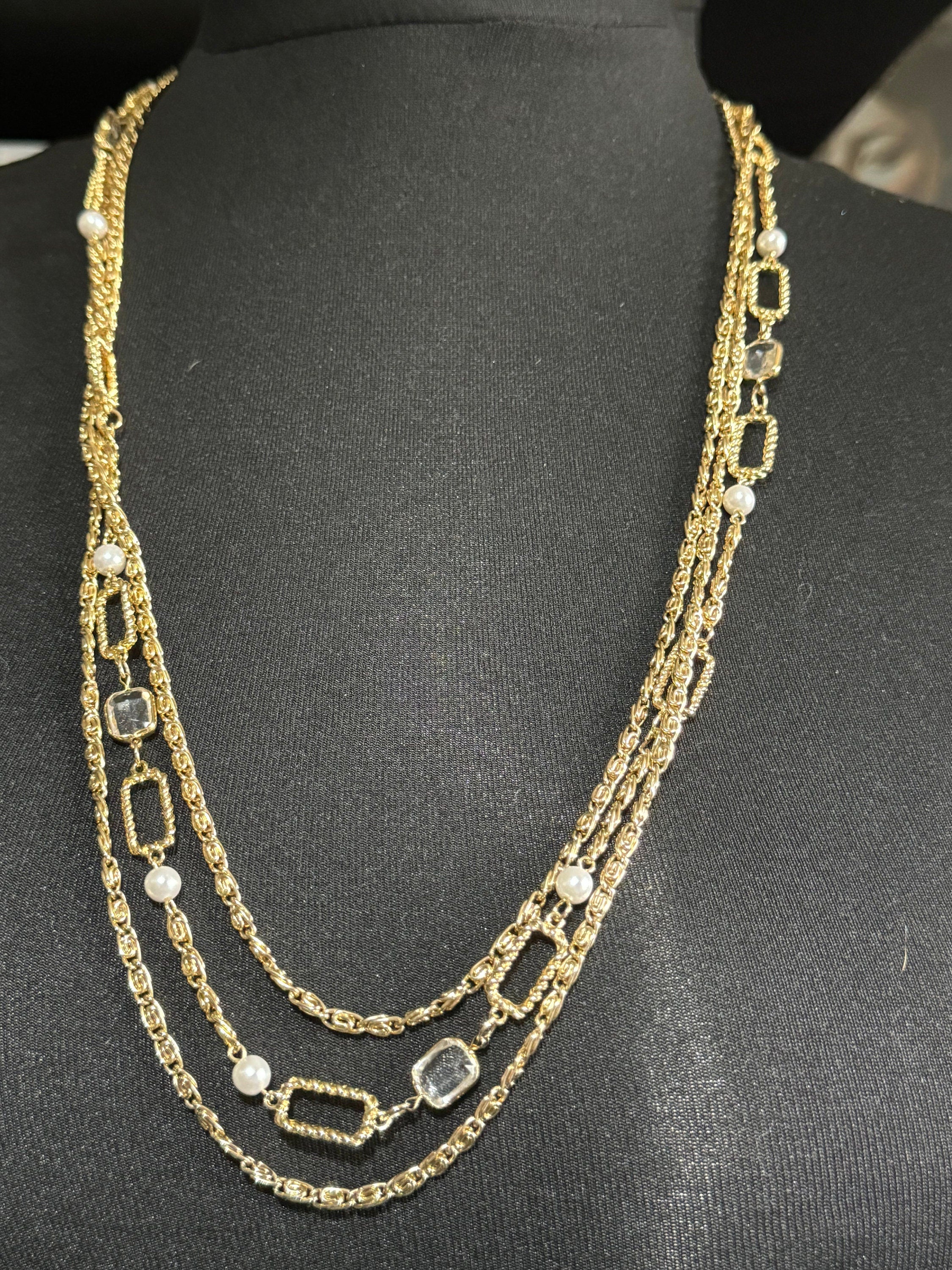 vintage 1970s Rivière octagonal bezel set clear glass Crystal gold tone multi strand 3 row chain necklace
