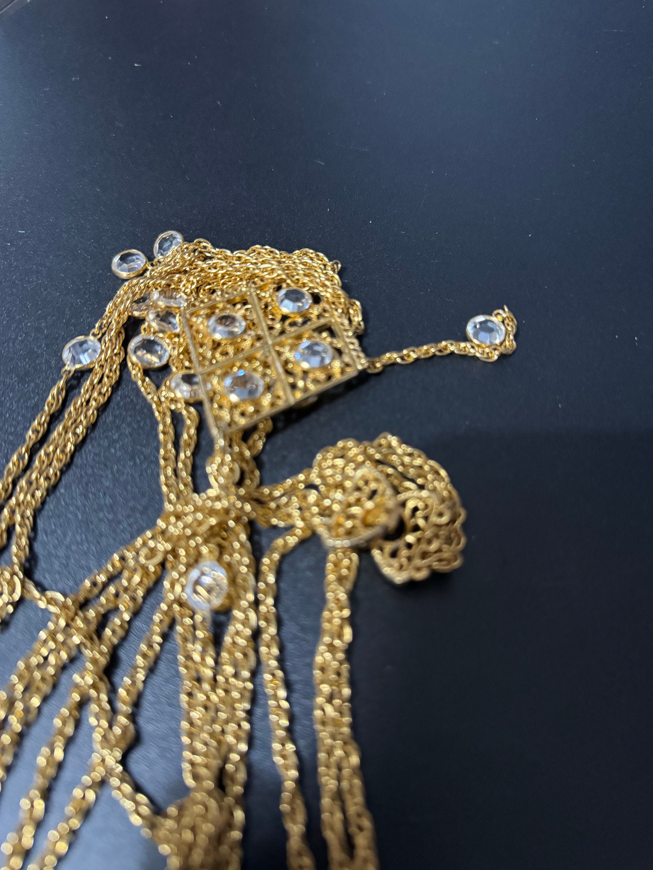 Signed Goldette vintage 1970s Rivière bezel set clear glass Crystal gold tone multi strand 3 row chain pendant necklace