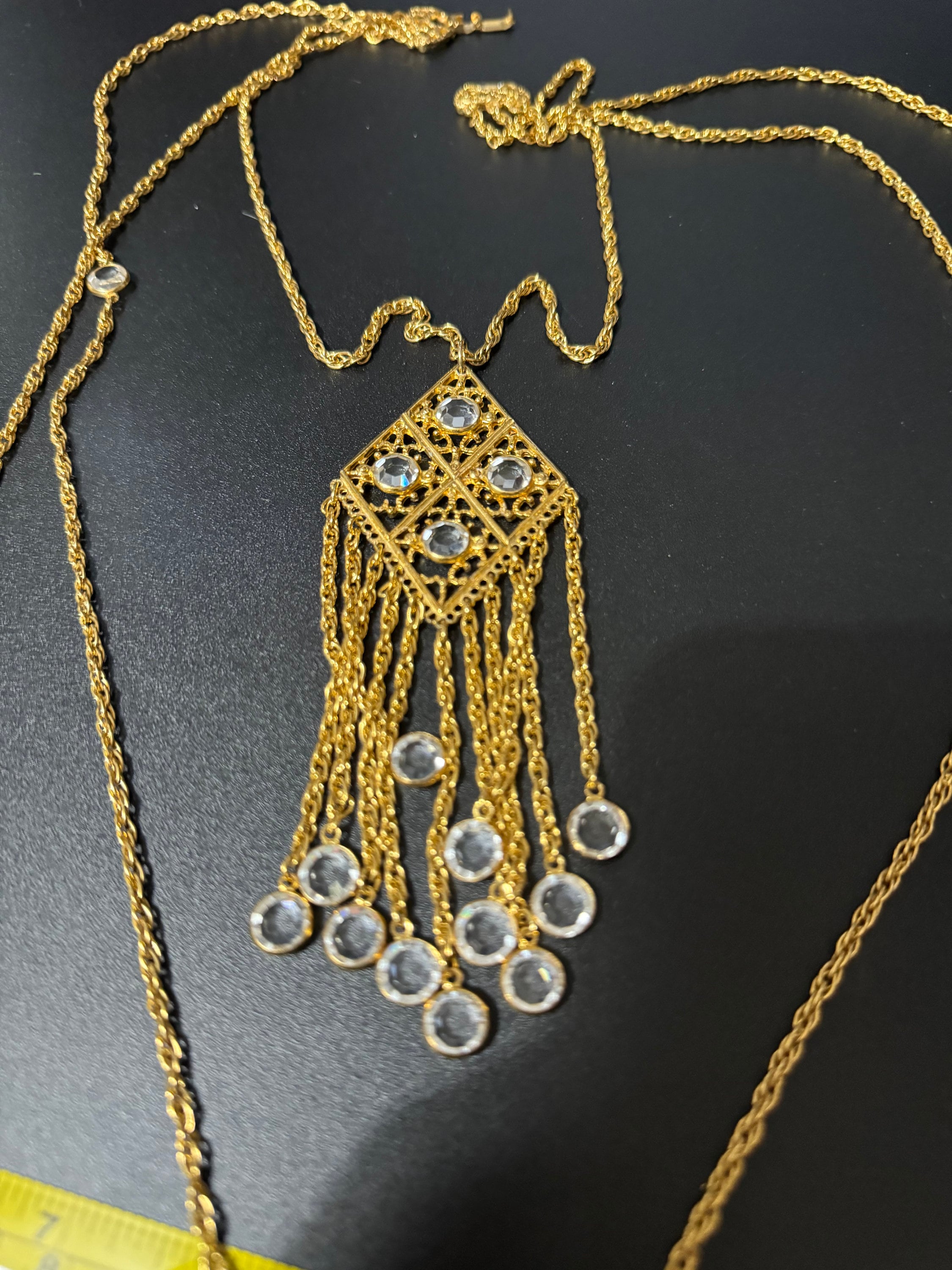 Signed Goldette vintage 1970s Rivière bezel set clear glass Crystal gold tone multi strand 3 row chain pendant necklace