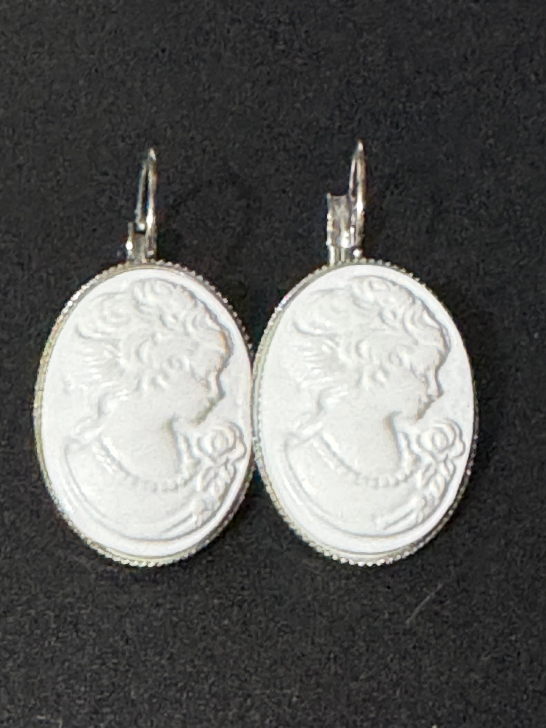 Antique style handmade white resin cameo lady stainless steel oval lever back drop earrings