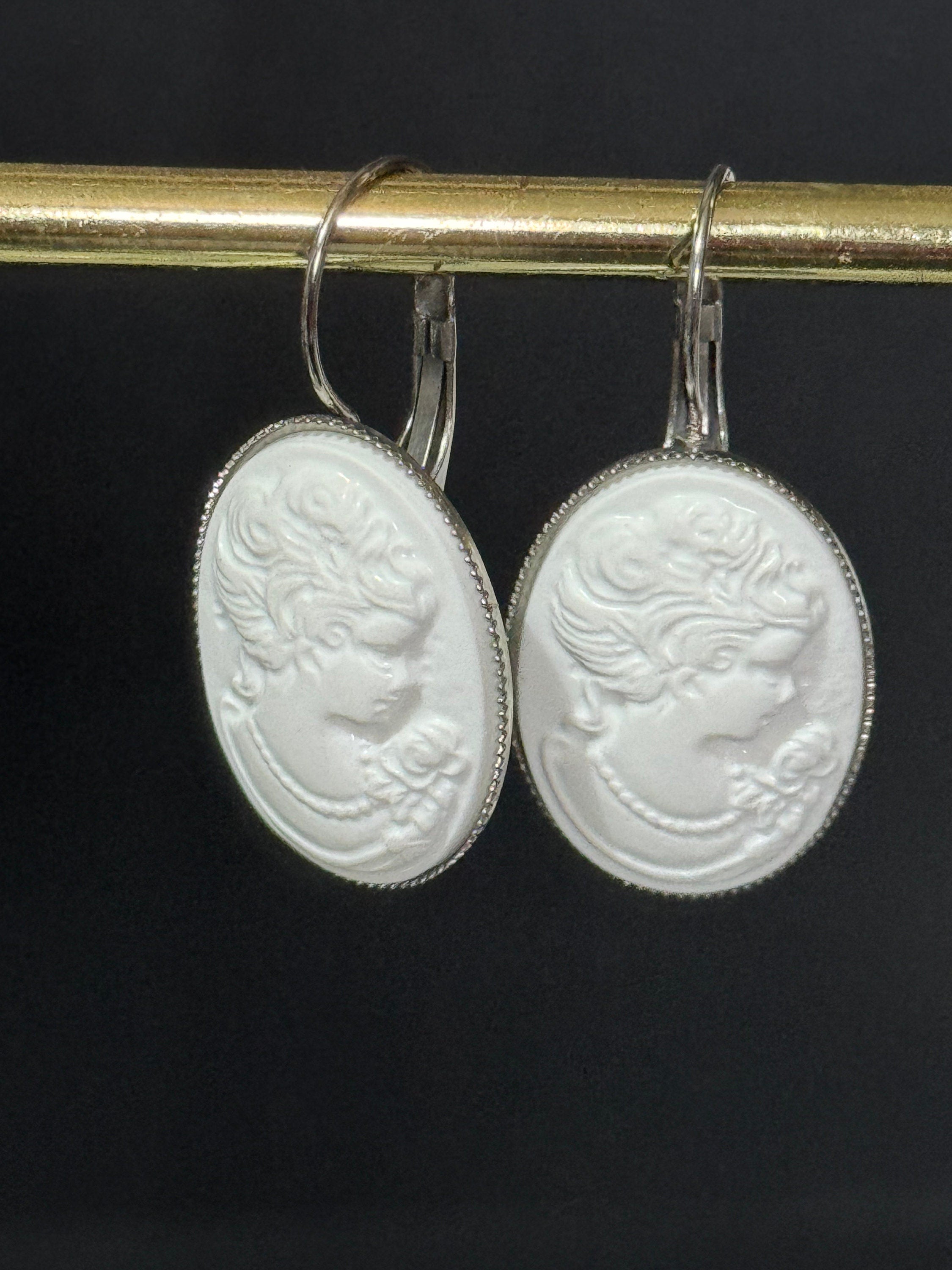 Antique style handmade white resin cameo lady stainless steel oval lever back drop earrings