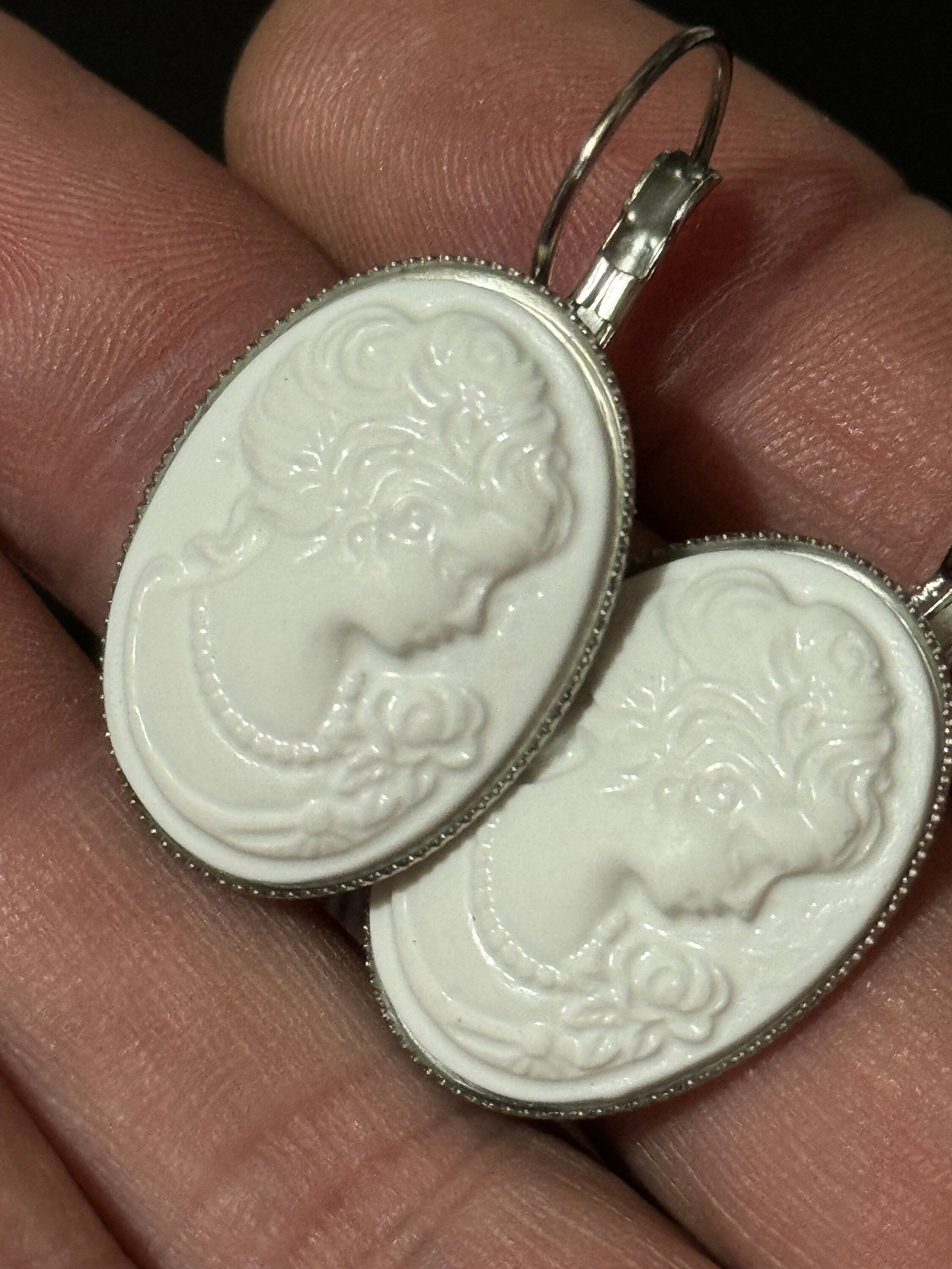 Antique style handmade white resin cameo lady stainless steel oval lever back drop earrings