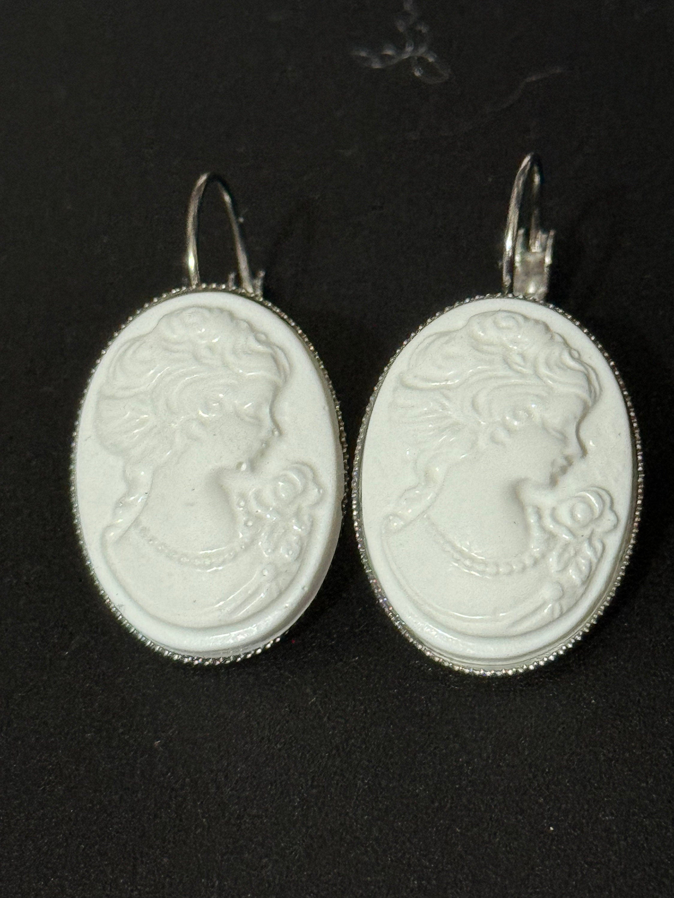 Antique style handmade white resin cameo lady stainless steel oval lever back drop earrings