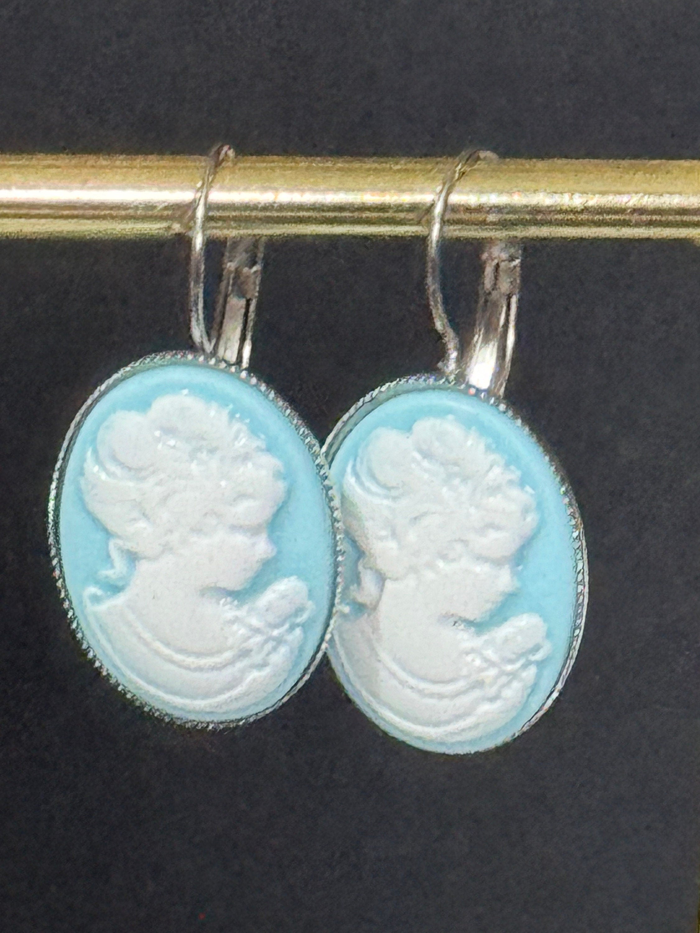 Antique style handmade Blue resin cameo lady stainless steel oval lever back drop earrings
