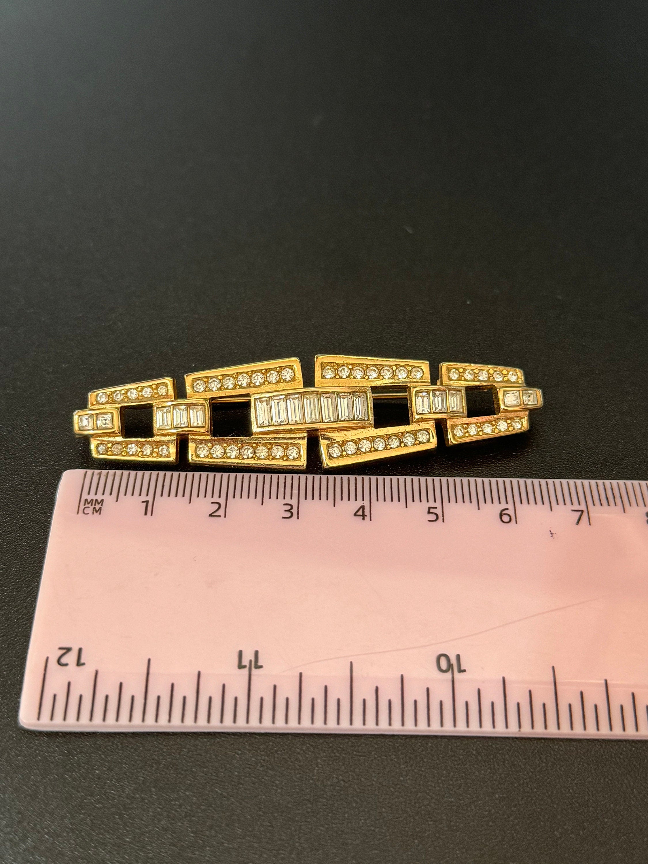 Signed GROSSE German Designer rhinestone Gold Tone modernist high end bar brooch with roll clasp