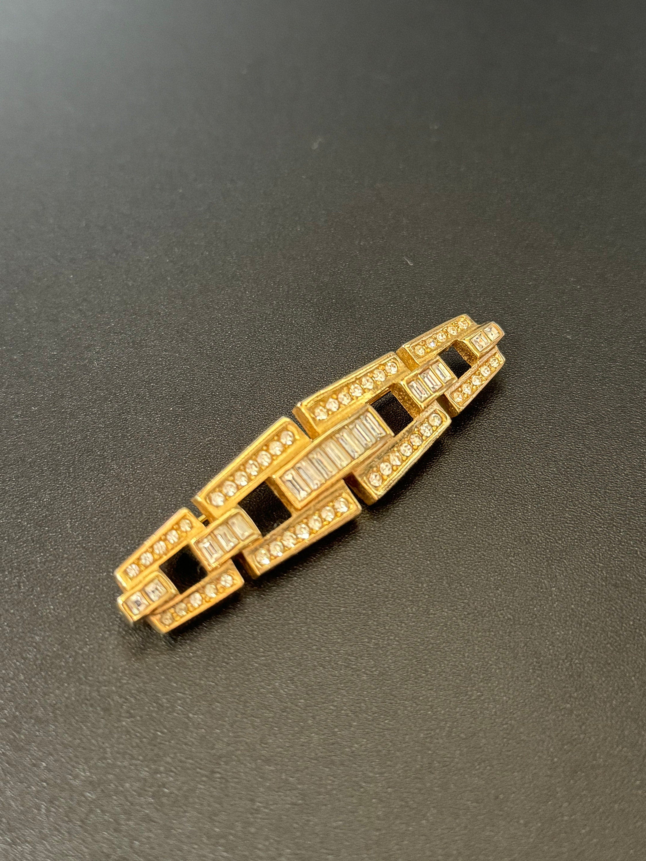 Signed GROSSE German Designer rhinestone Gold Tone modernist high end bar brooch with roll clasp