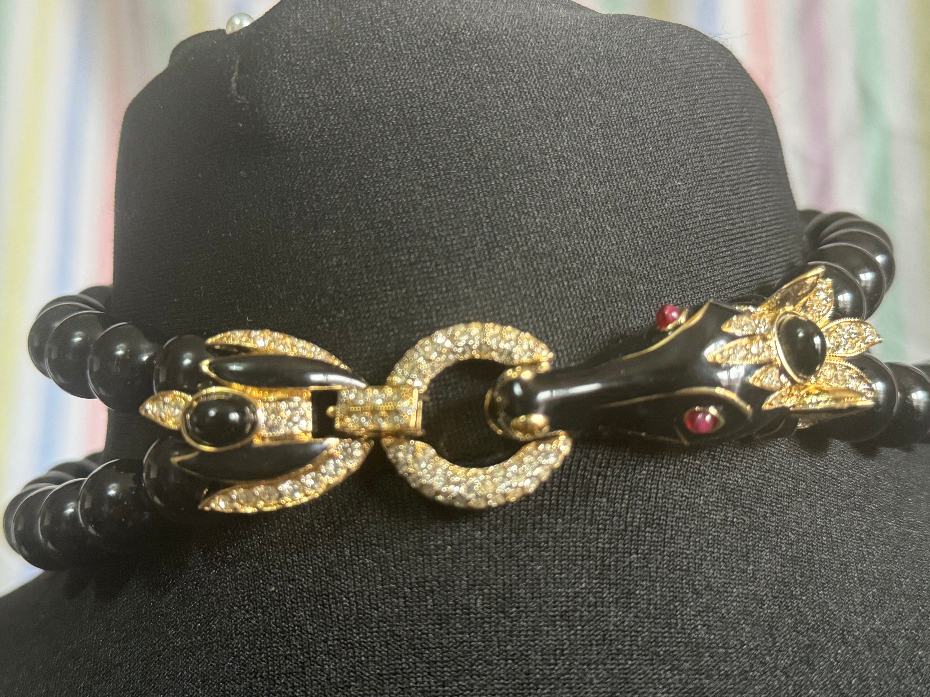 High end horse head black beaded rhinestone and cabochon choker