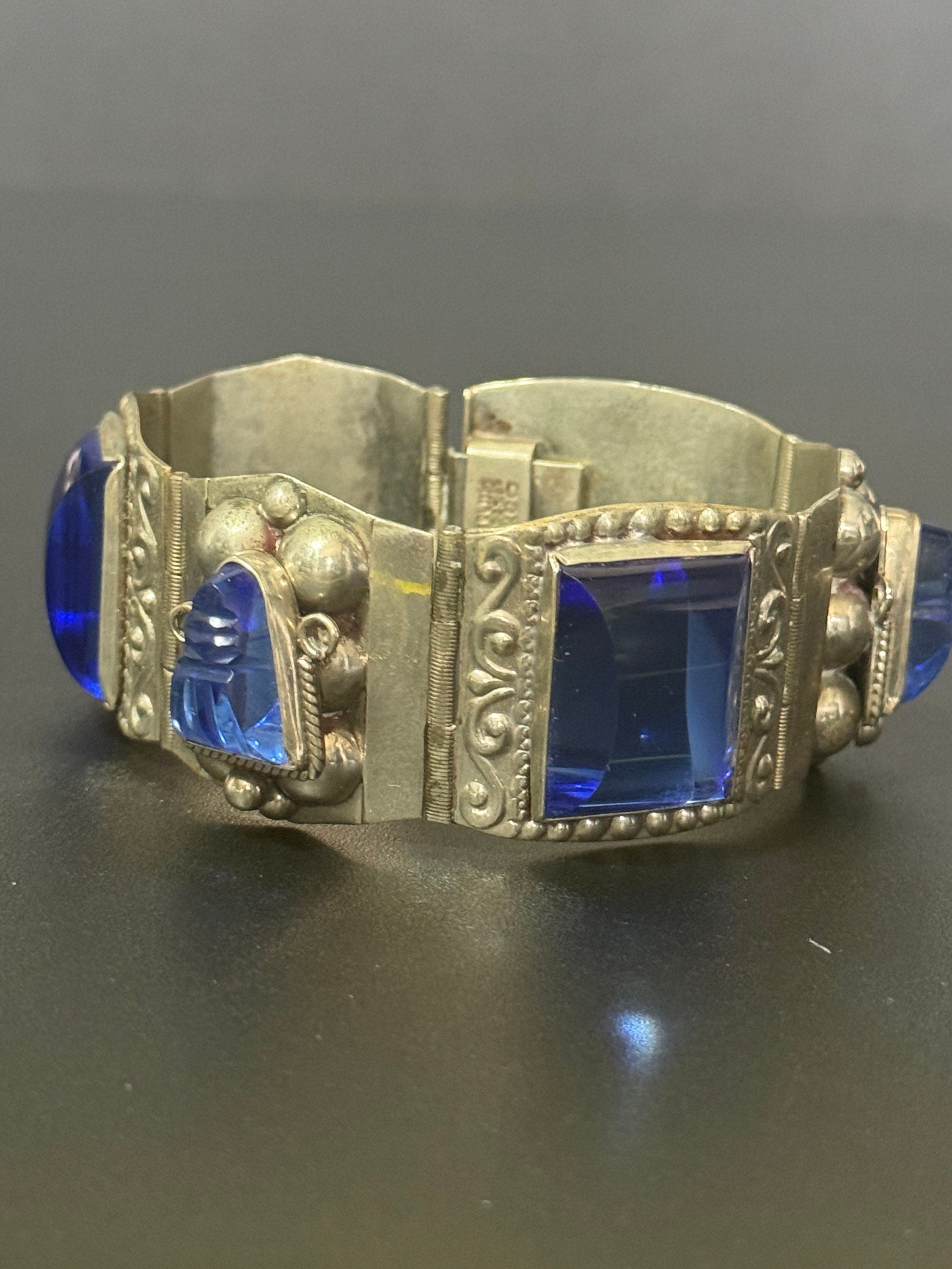 Vintage 1960s TAXCO Mexican Sterling Silver Blue Glass Bracelet