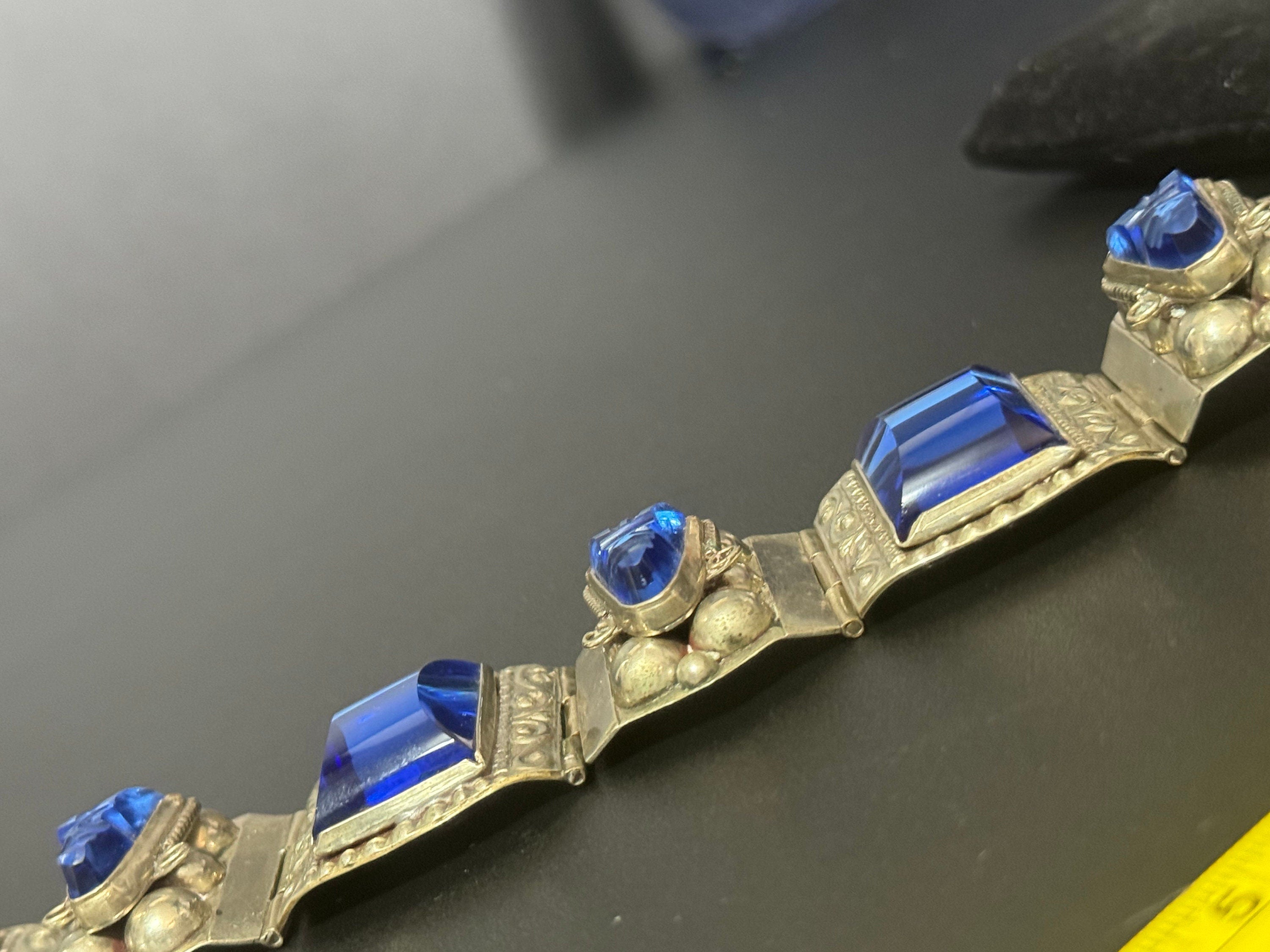 Vintage 1960s TAXCO Mexican Sterling Silver Blue Glass Bracelet