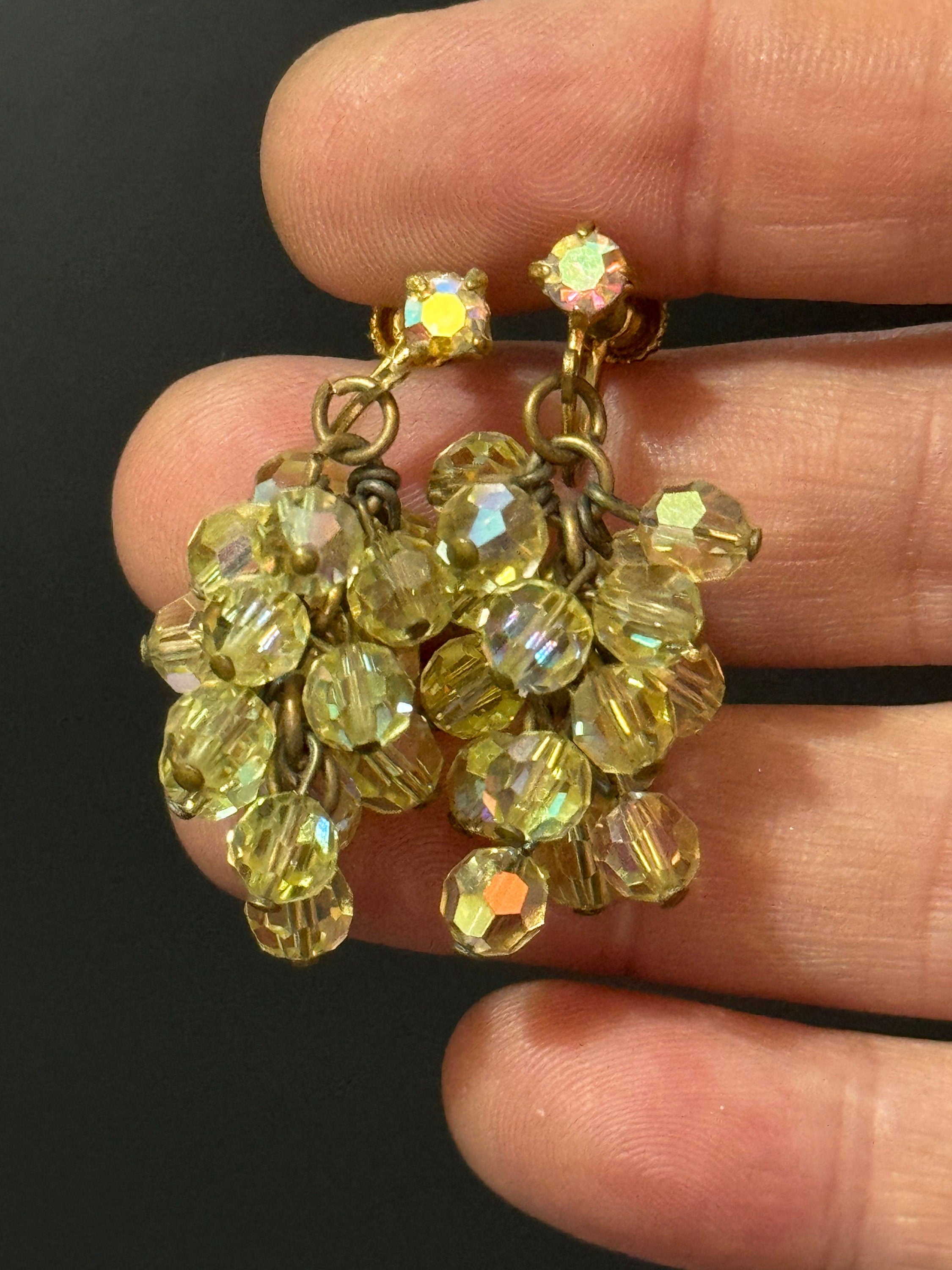 Vintage Aurora Borealis Glass Chandelier Earrings: 1930s-40s Clip On