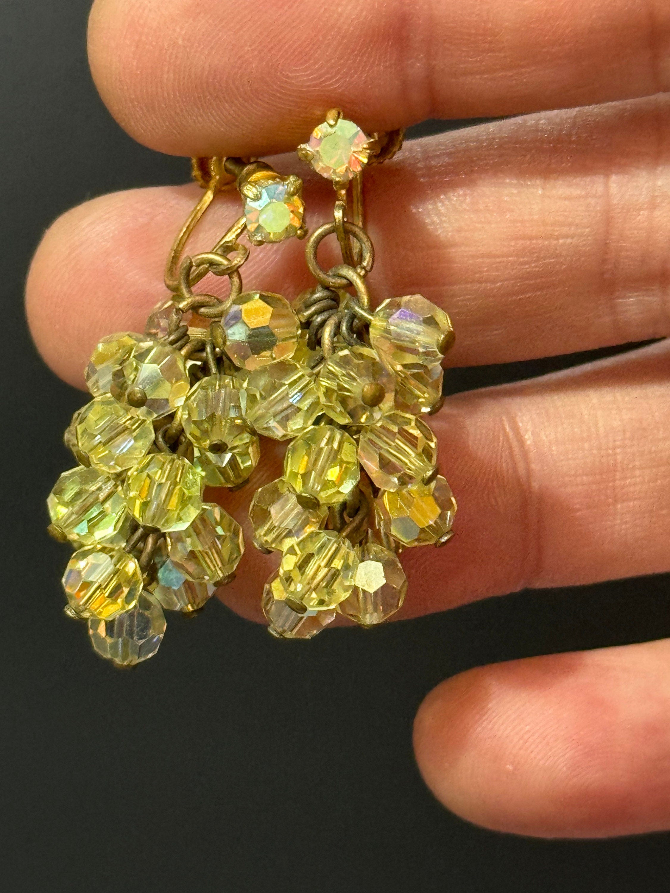 Vintage Aurora Borealis Glass Chandelier Earrings: 1930s-40s Clip On