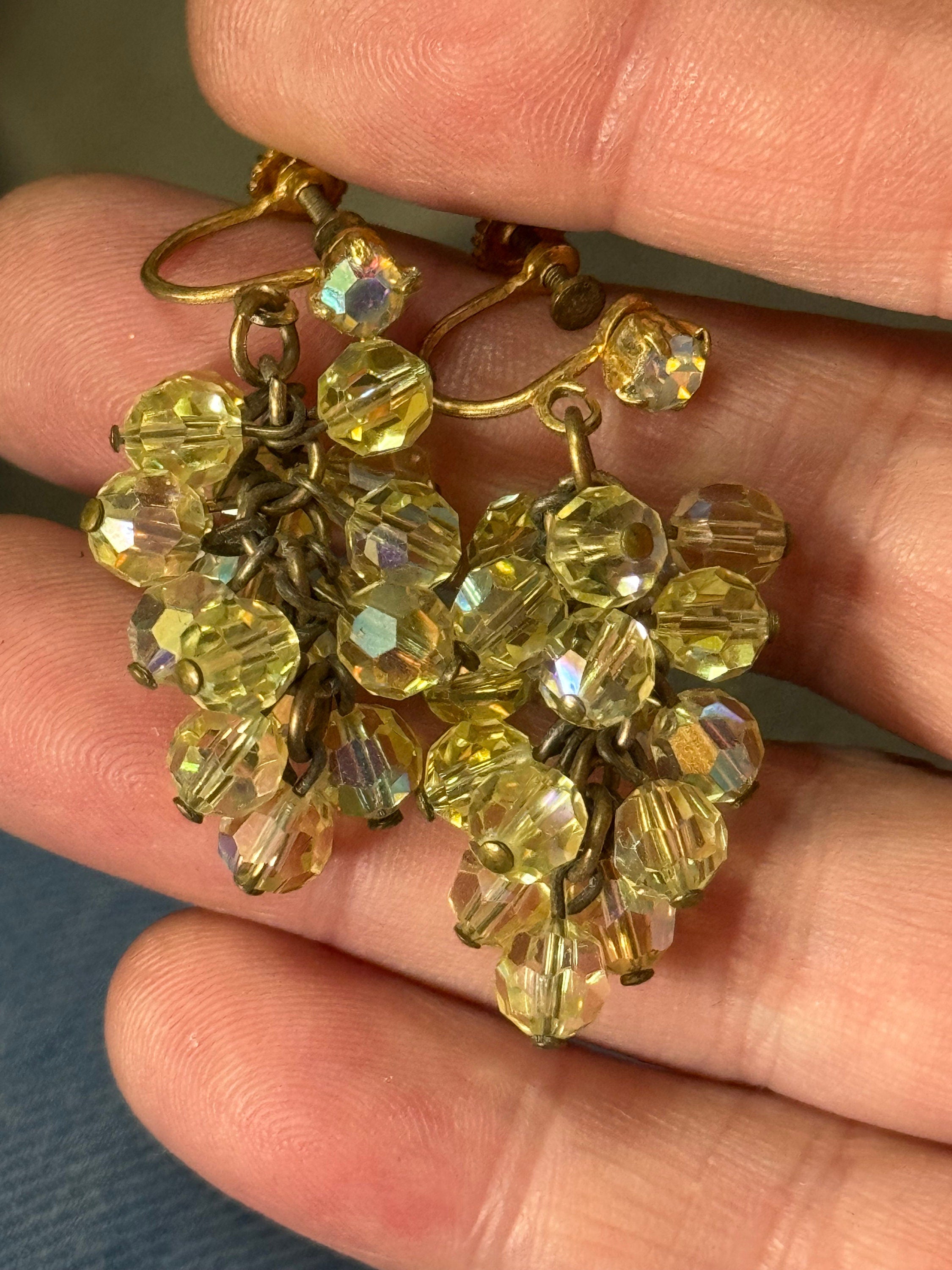 Vintage Aurora Borealis Glass Chandelier Earrings: 1930s-40s Clip On