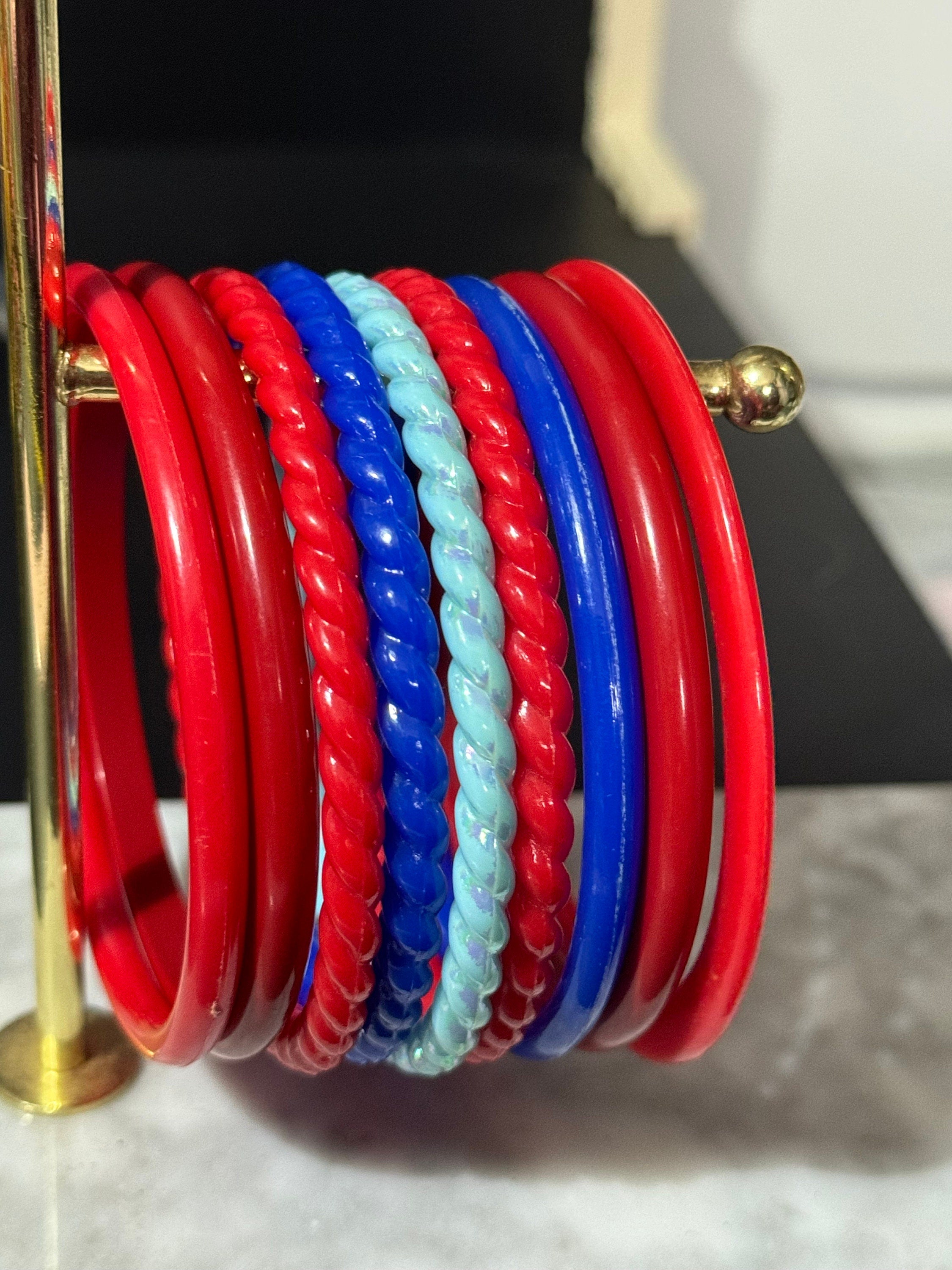 Vintage stack of RED and BLUE plastic bangles retro acrylic bracelets