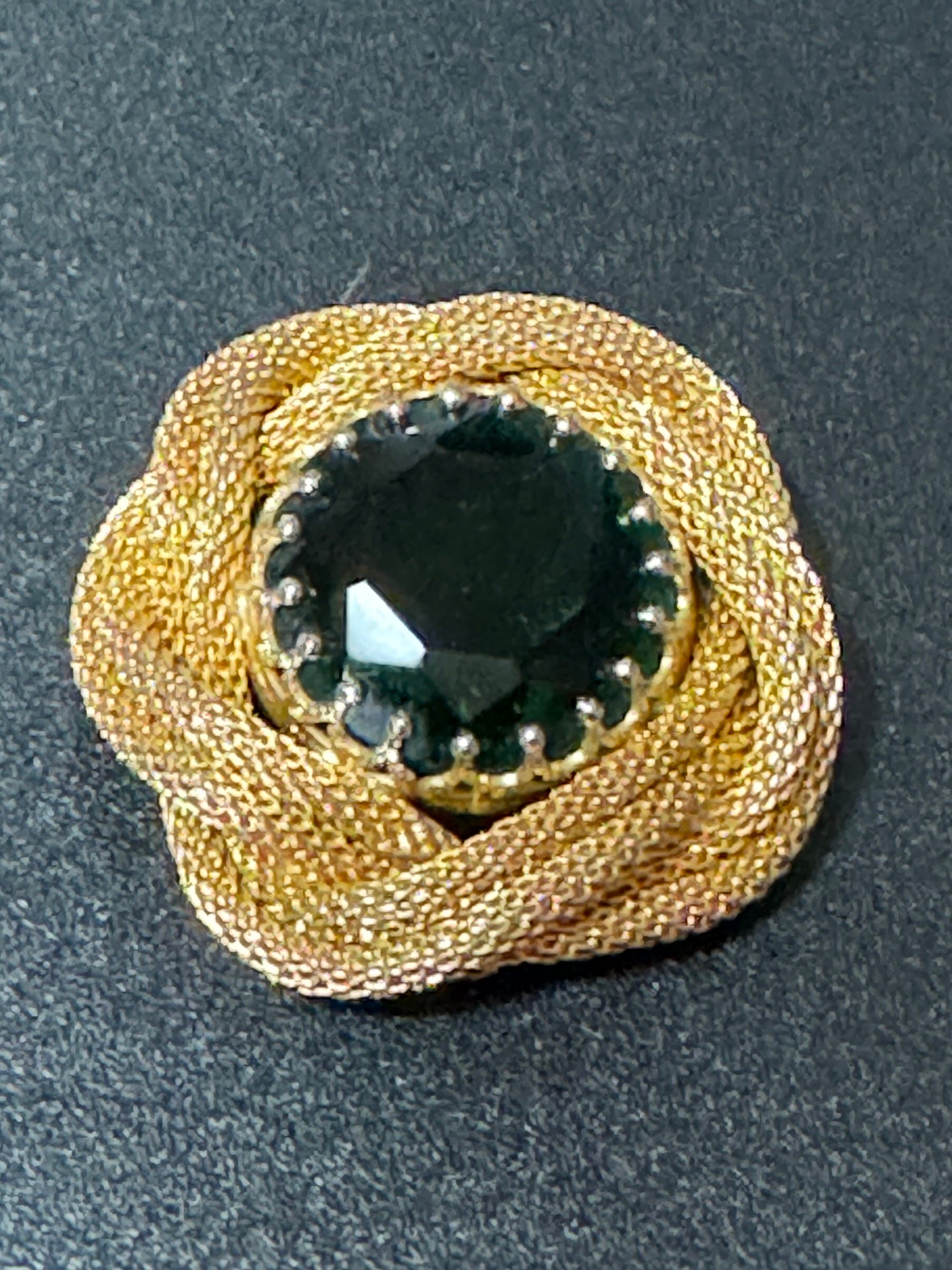 vintage modernist gold tone Green glass mesh brooch 4cm