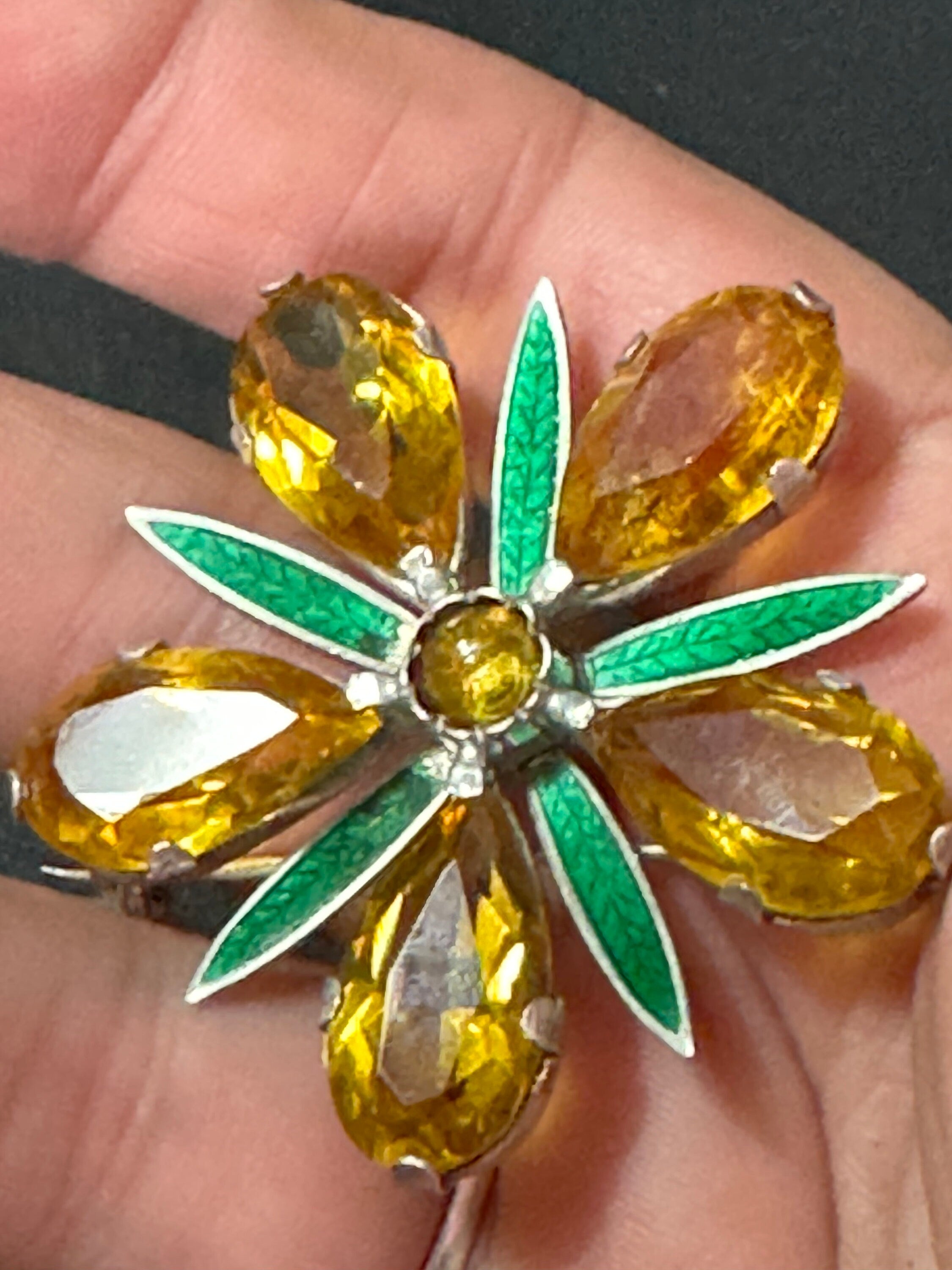 Vintage flower brooch 5cm with green guilloche enamel and yellow brown glass faceted rhinestones silver tone