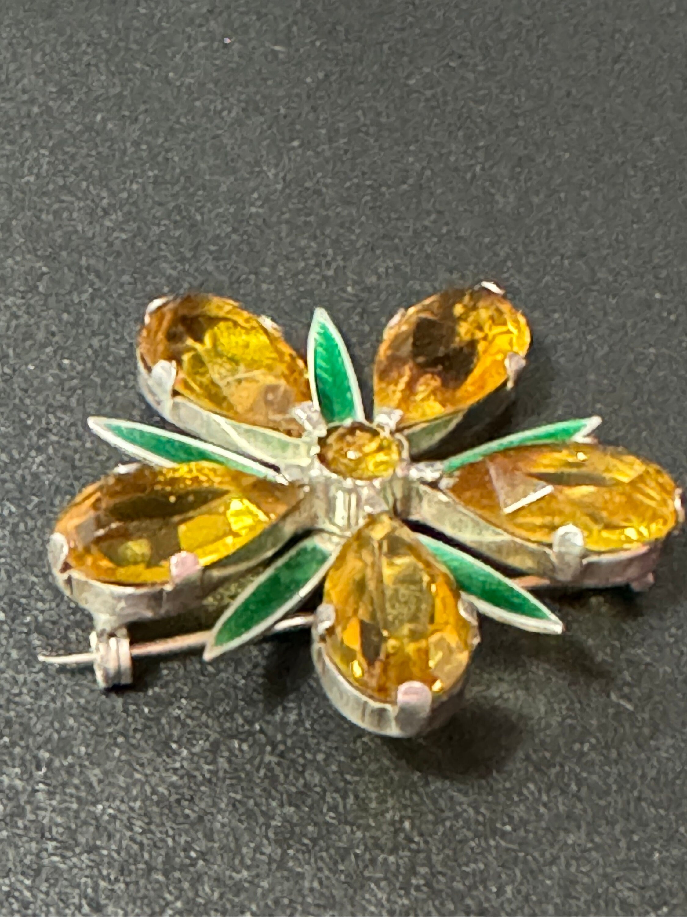 Vintage flower brooch 5cm with green guilloche enamel and yellow brown glass faceted rhinestones silver tone