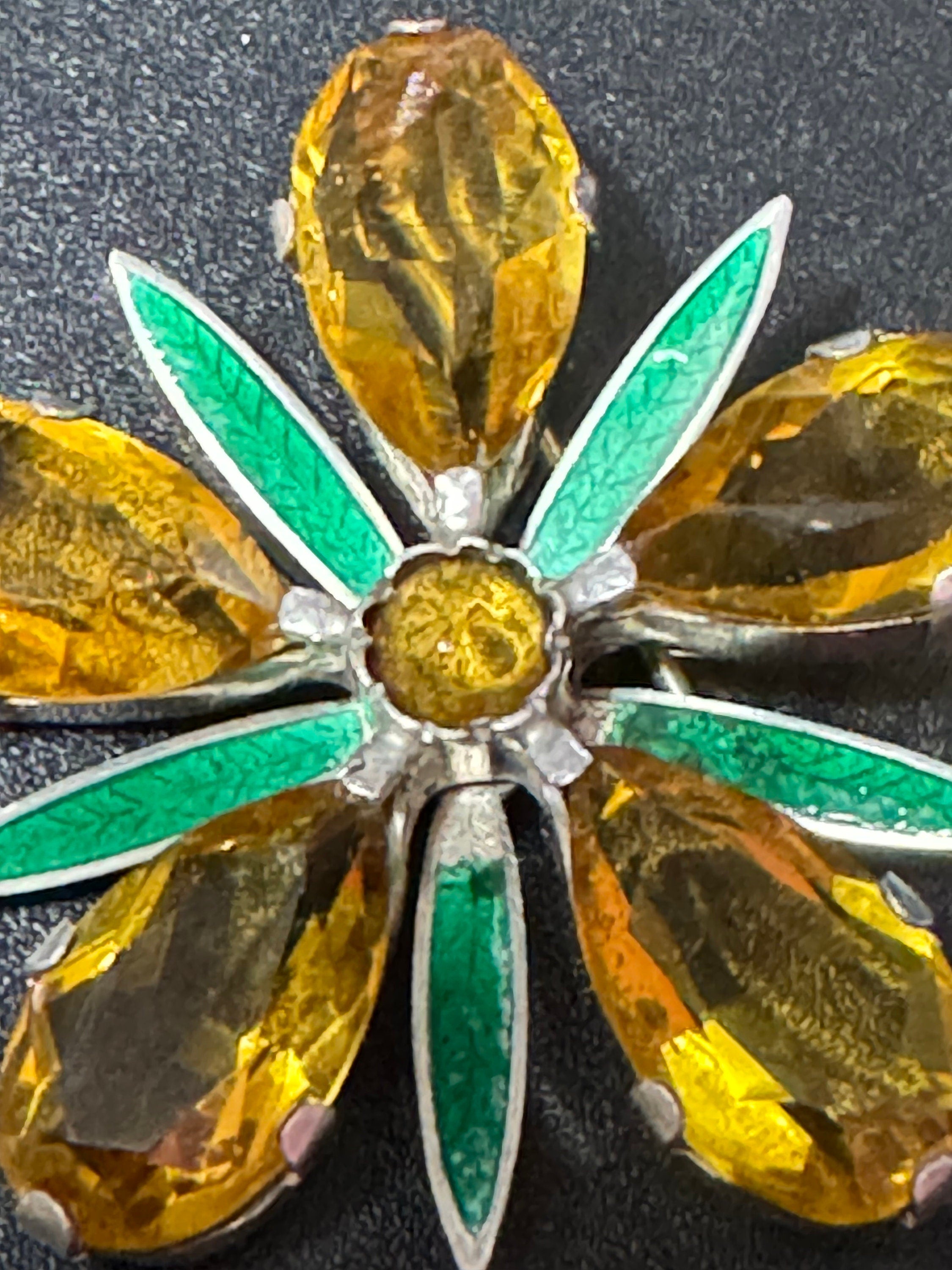 Vintage flower brooch 5cm with green guilloche enamel and yellow brown glass faceted rhinestones silver tone