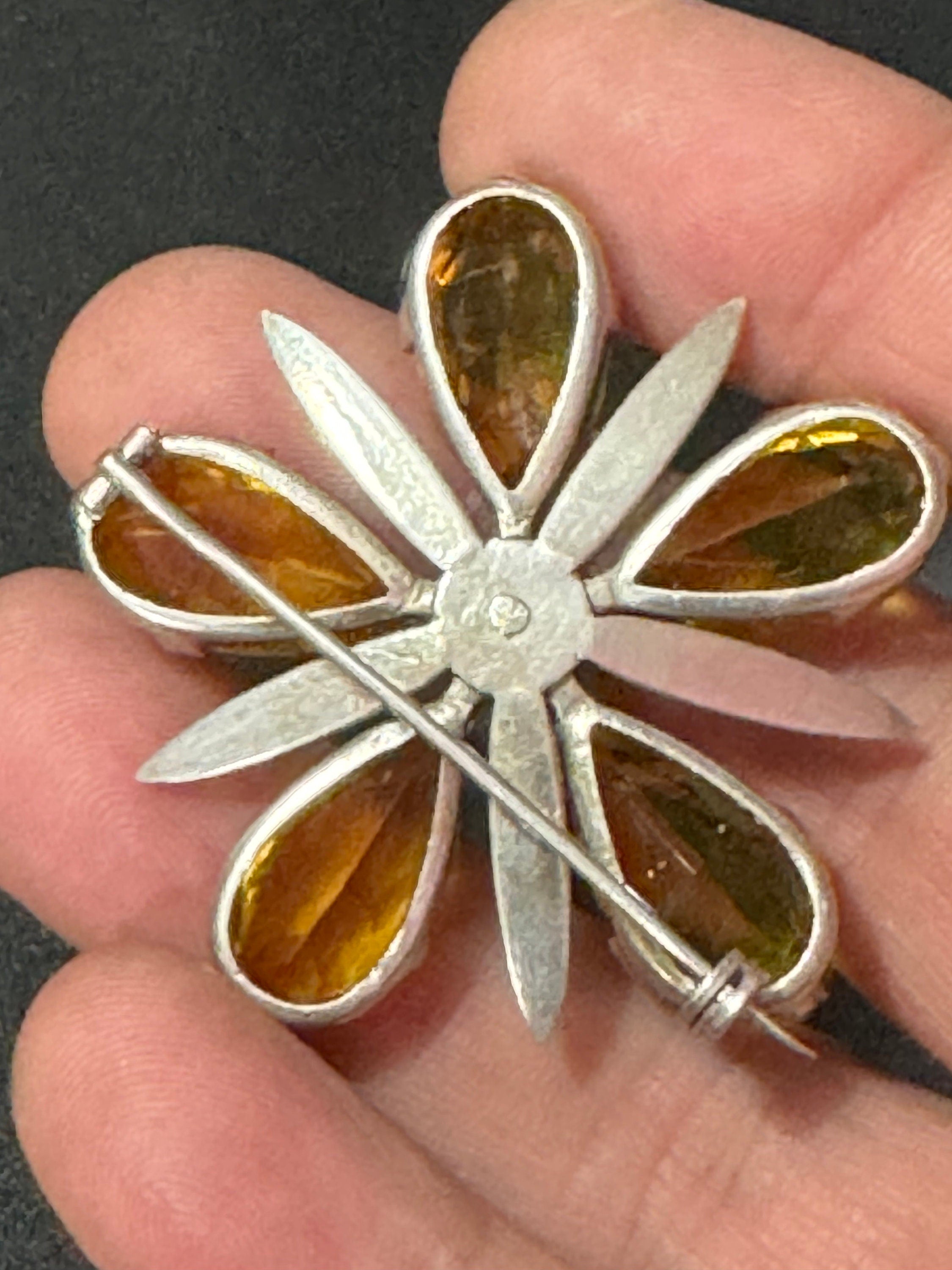 Vintage flower brooch 5cm with green guilloche enamel and yellow brown glass faceted rhinestones silver tone
