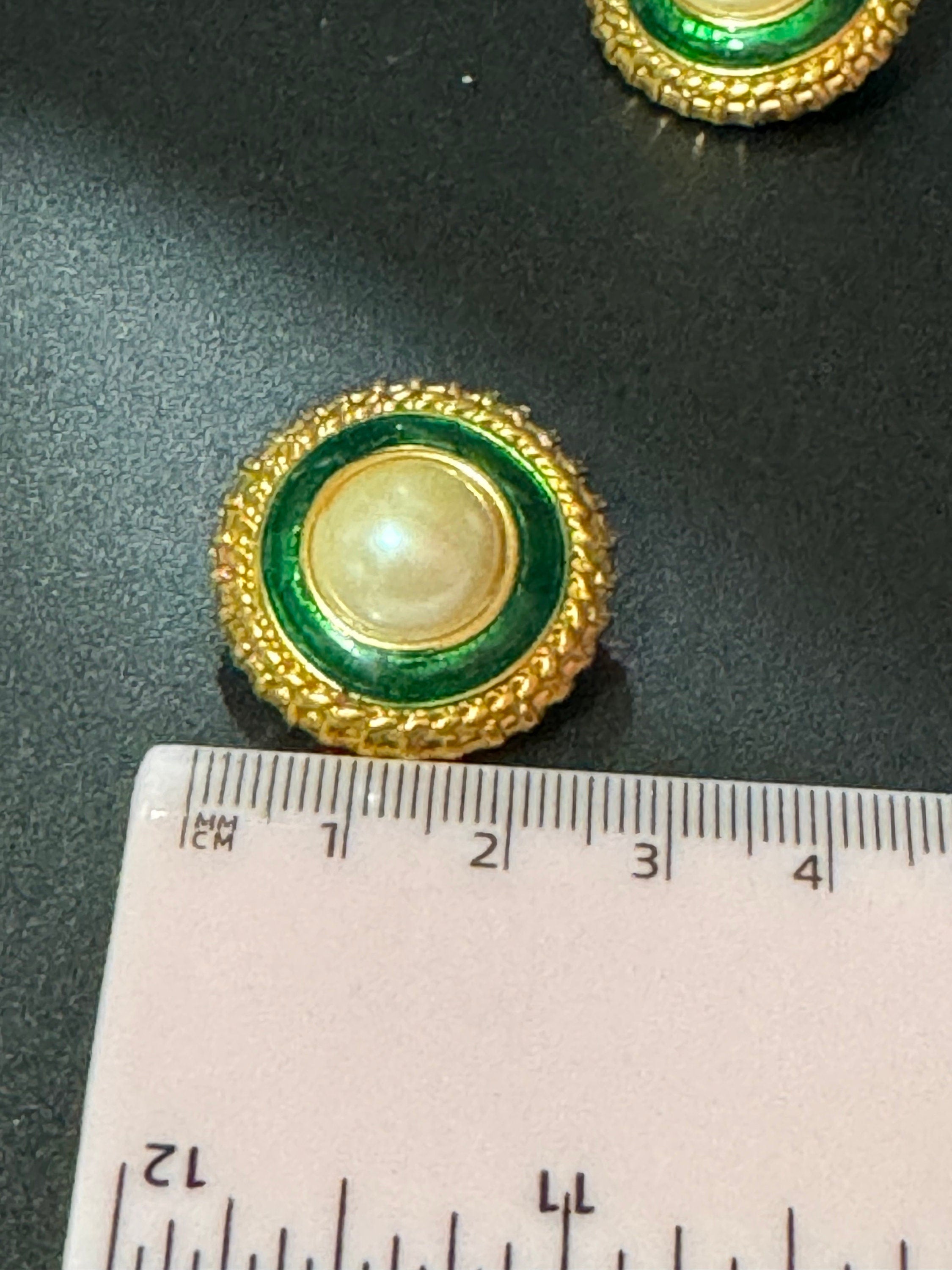 Vintage Retro 1980s Green enamel and Faux Pearl Cabuchon Clip On Gold Tone Stud Earrings Statement Runway Fashion Studs