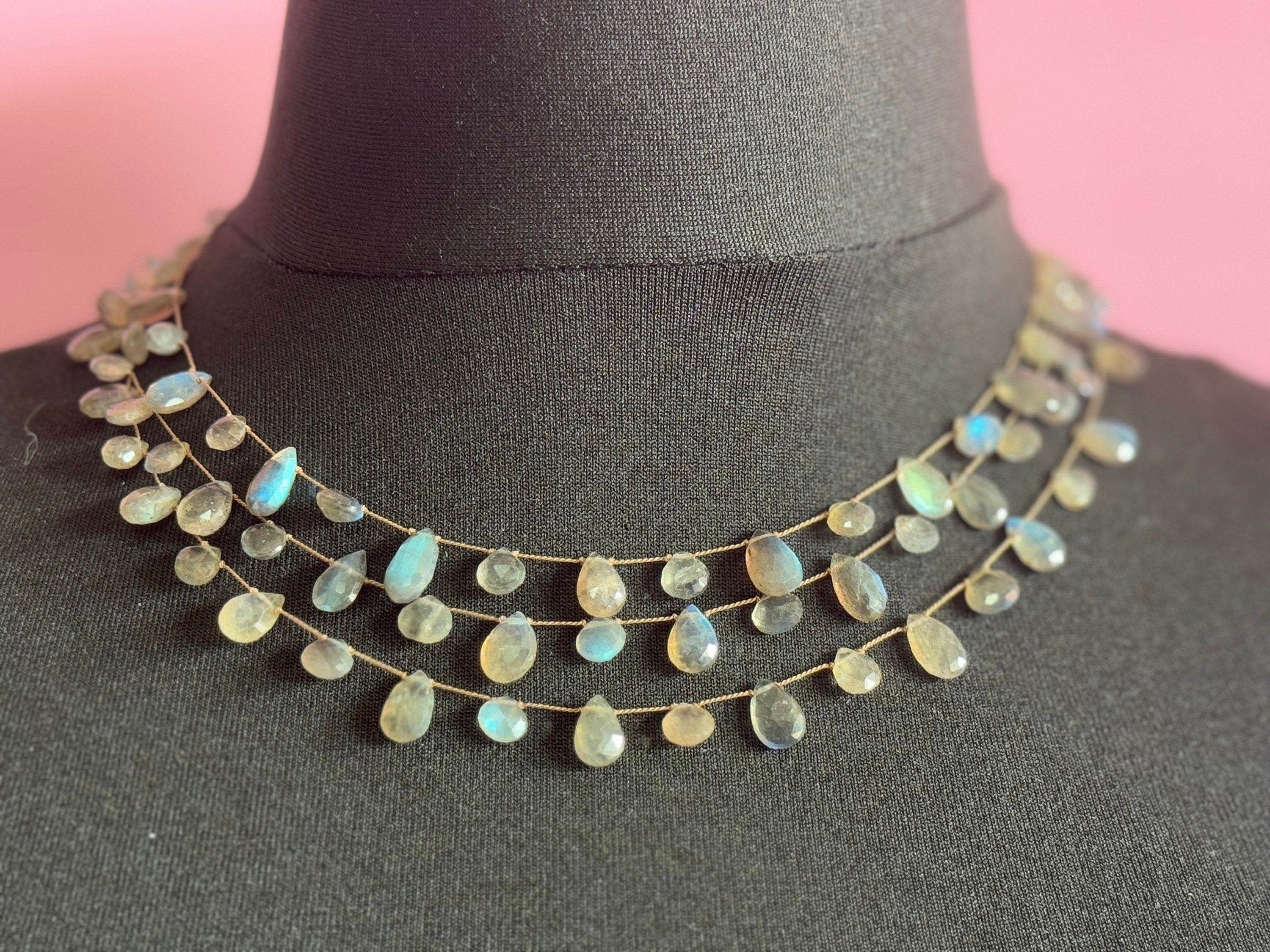 Signed Margo Morrison NYC designer silver and labradorite gemstone triple strand choker necklace