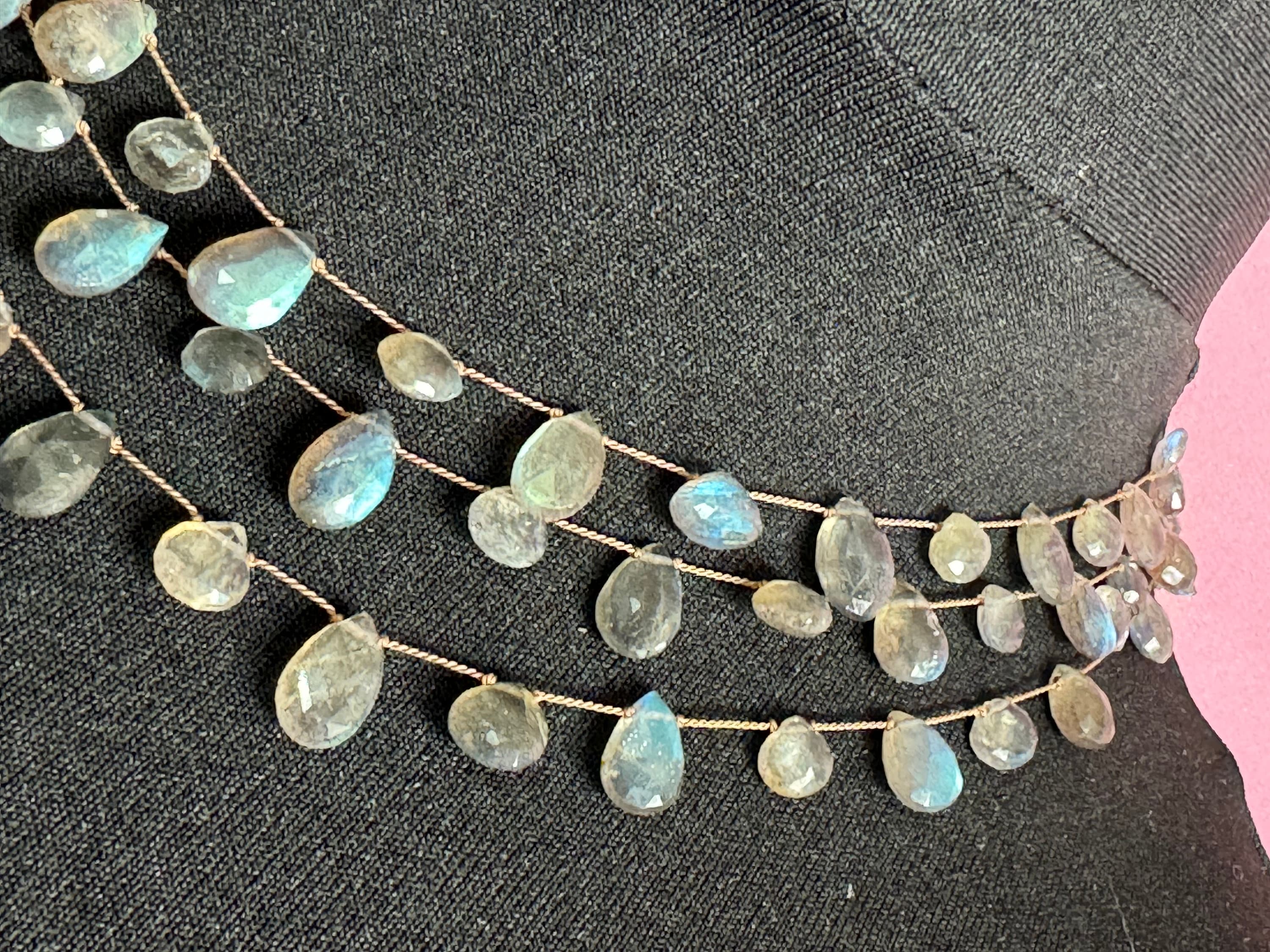 Signed Margo Morrison NYC designer silver and labradorite gemstone triple strand choker necklace