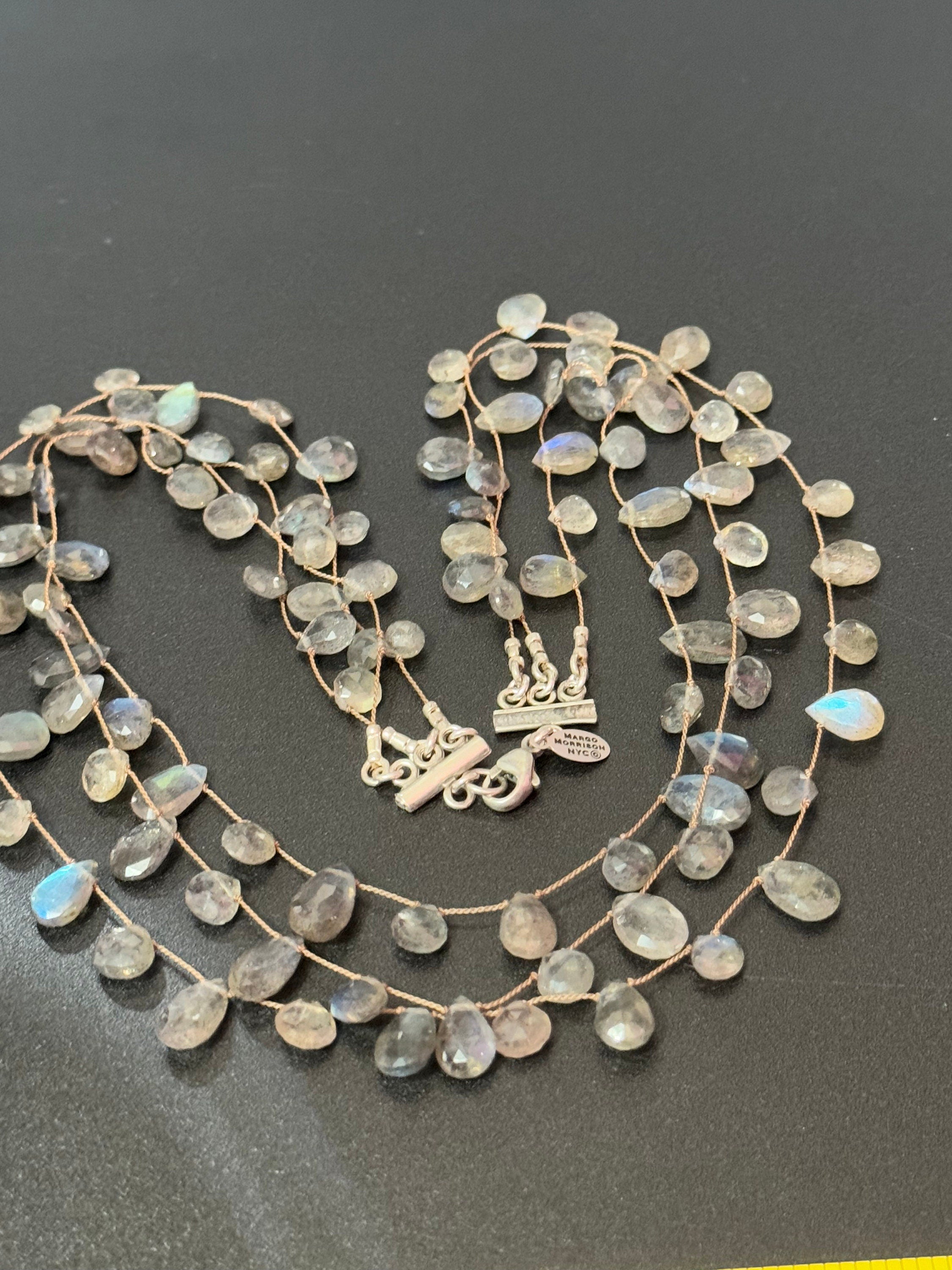Signed Margo Morrison NYC designer silver and labradorite gemstone triple strand choker necklace