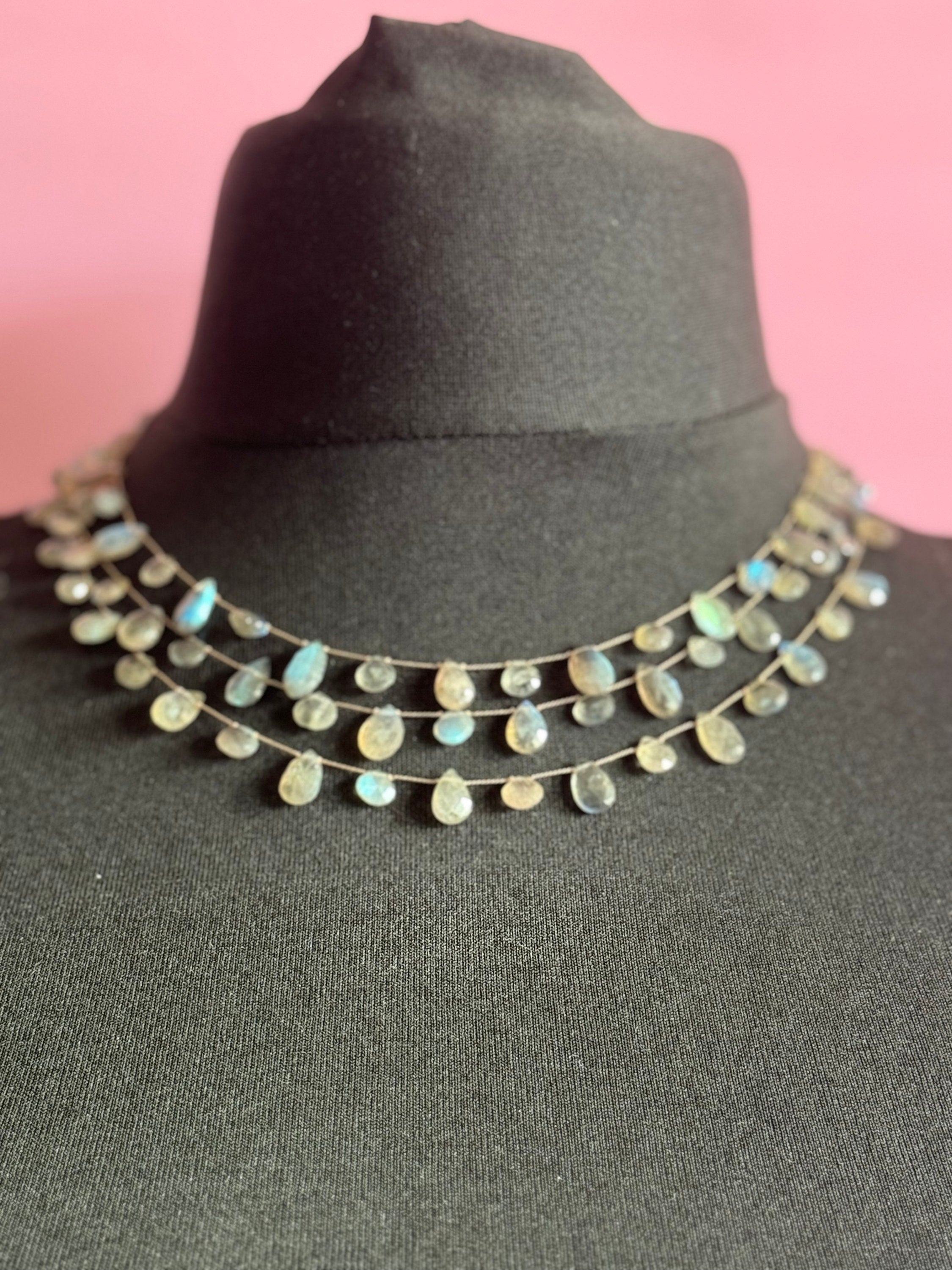 Signed Margo Morrison NYC designer silver and labradorite gemstone triple strand choker necklace