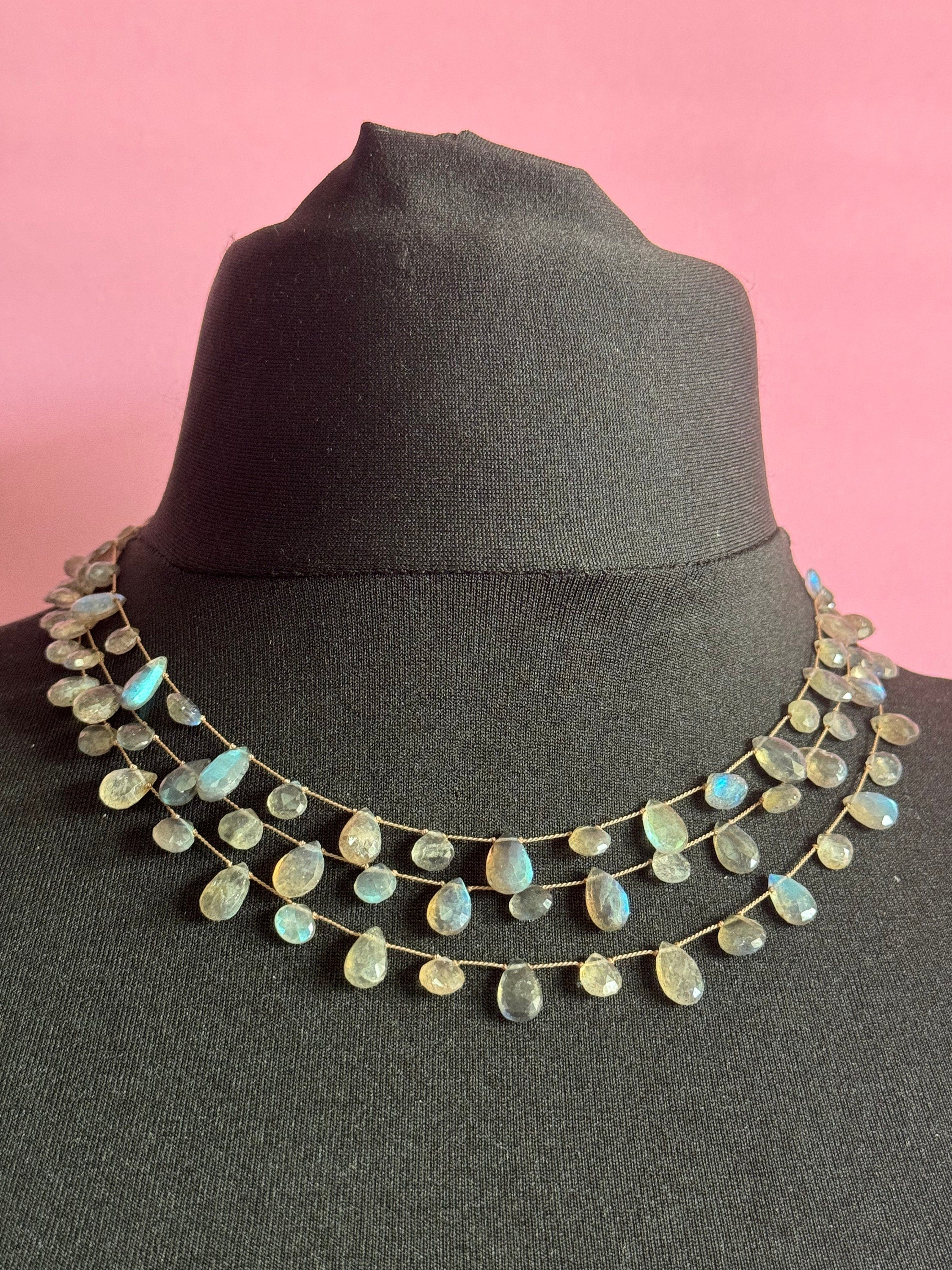 Signed Margo Morrison NYC designer silver and labradorite gemstone triple strand choker necklace