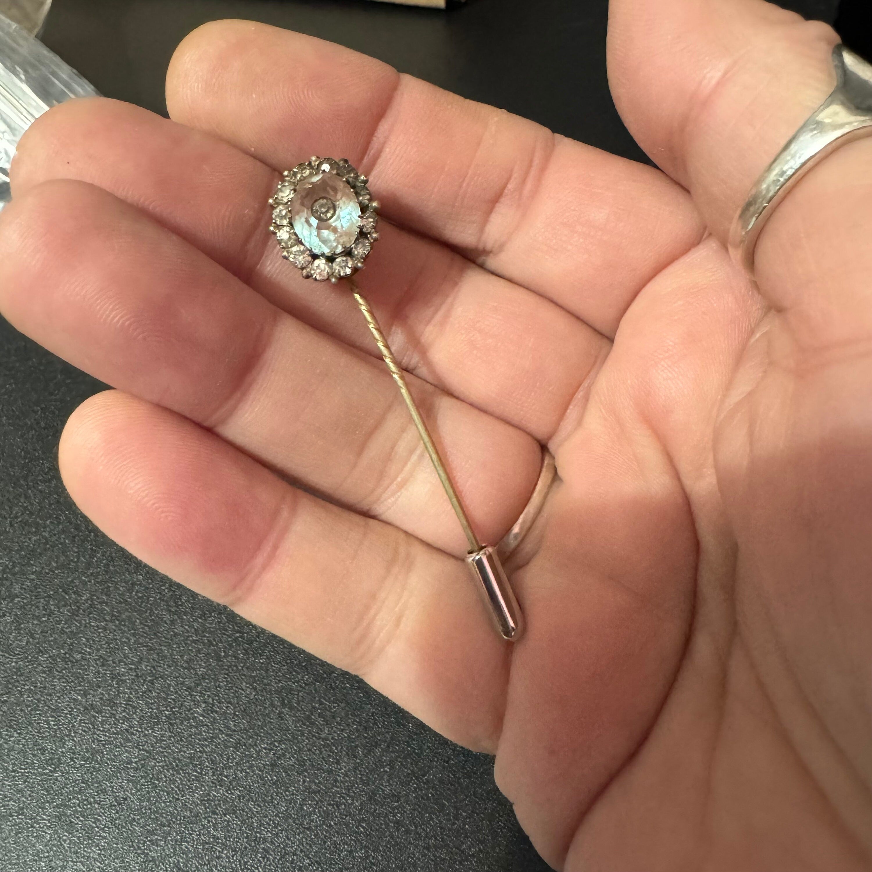 Antique Saphiret Gemstone Stick Pin: Silver & Gold Tone Cravat Pin