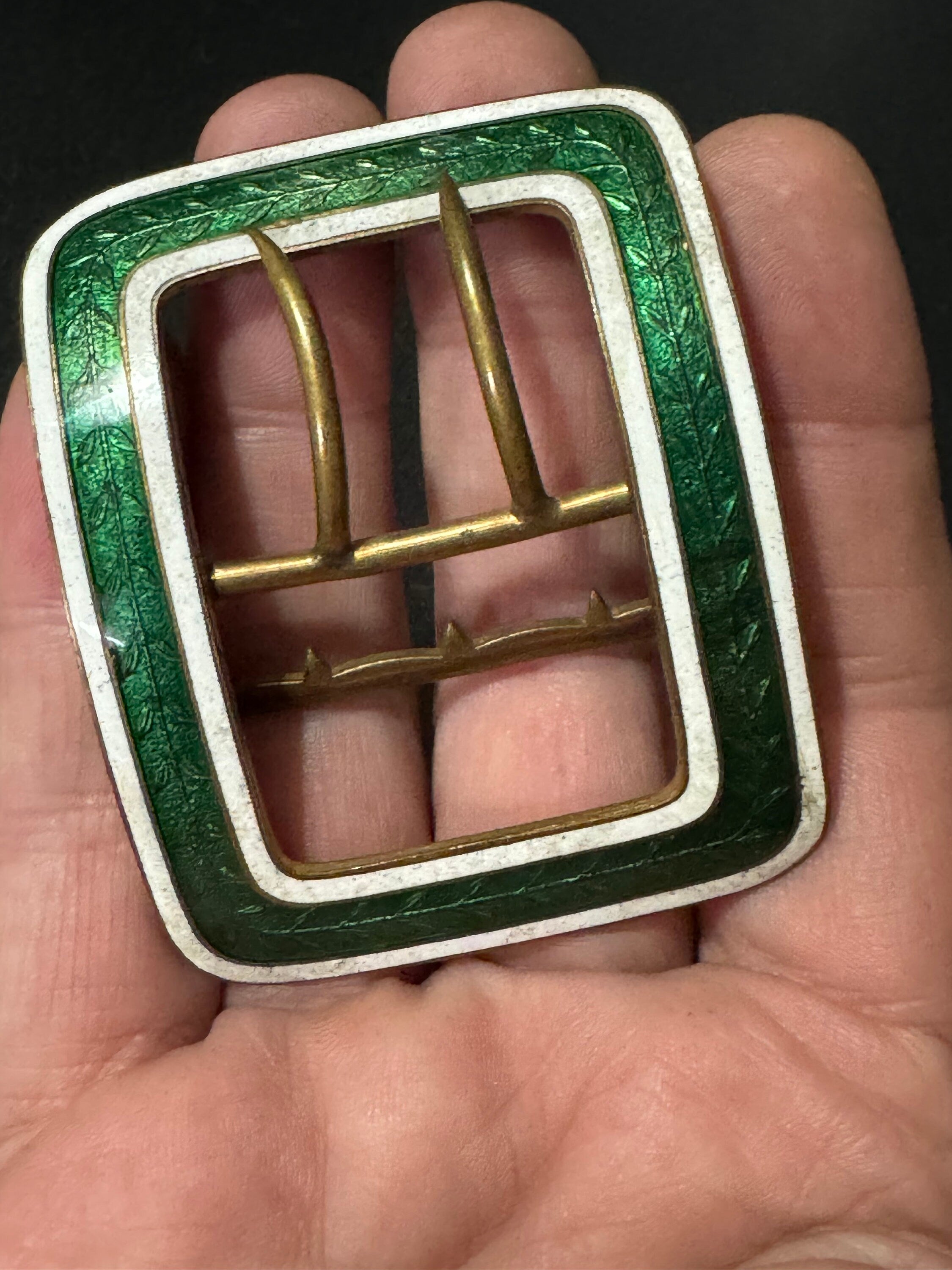 Dark green Guilloche Enamel brass Belt Buckle 1920s 1930s Sewing Haberdashery