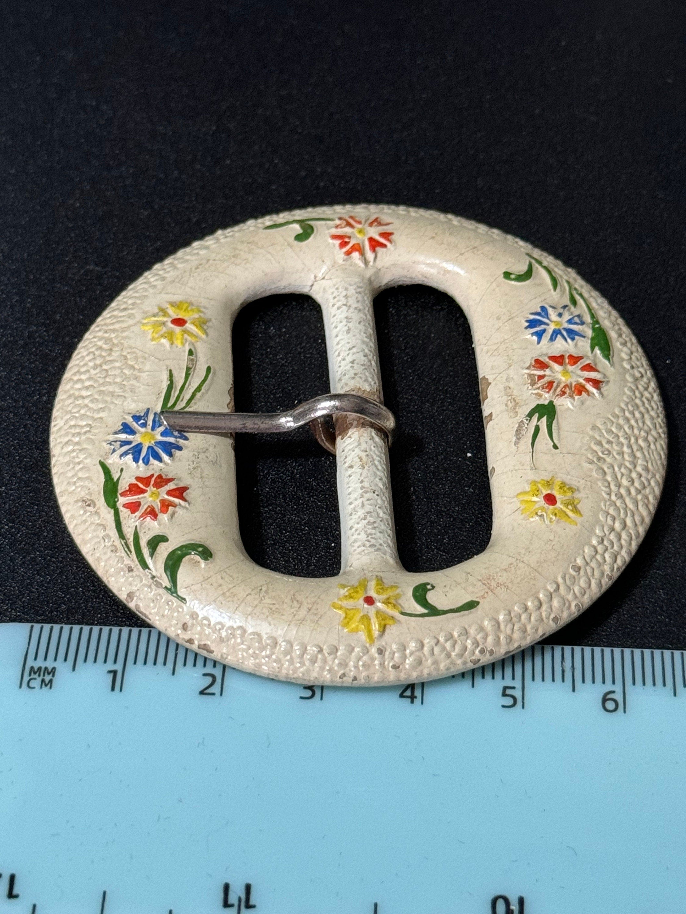 Vintage Art Deco Painted Flower Belt Buckle: 1930s Sewing Haberdashery