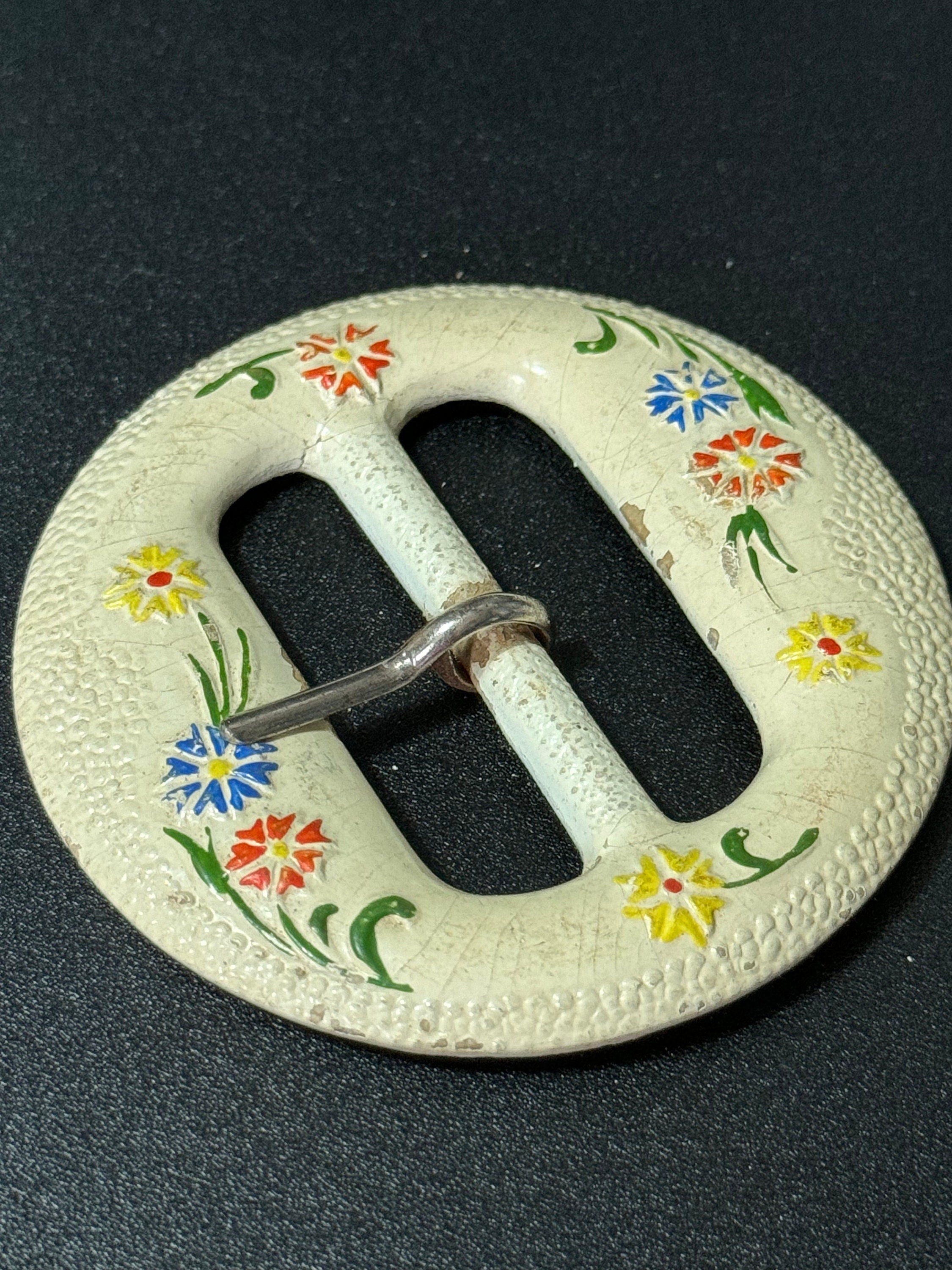 Vintage Art Deco Painted Flower Belt Buckle: 1930s Sewing Haberdashery