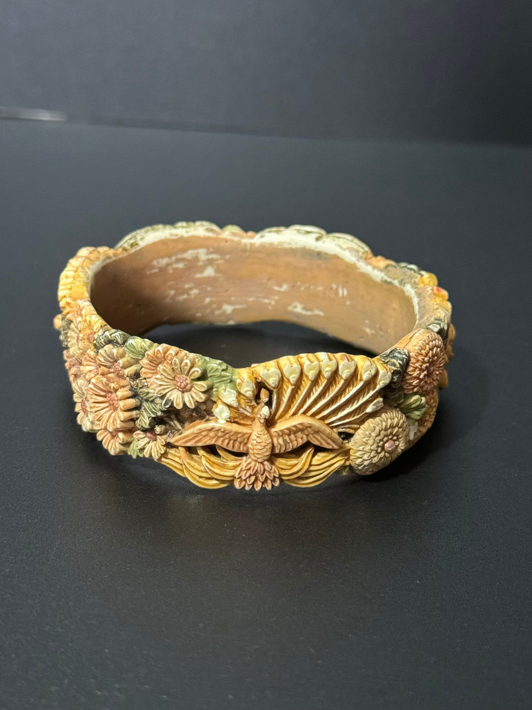 Art Deco Antique Vintage Early Plastic Celluloid Carved Bangle Cream pink green tones