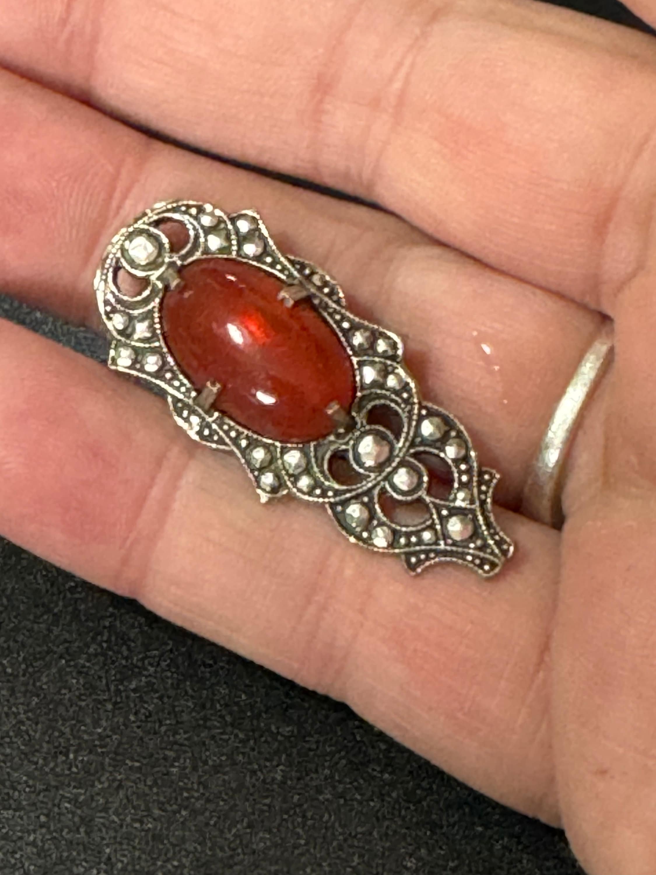 1 x Art Deco Chrome carnelian cabochon and marcasite rhinestone Dress Clip