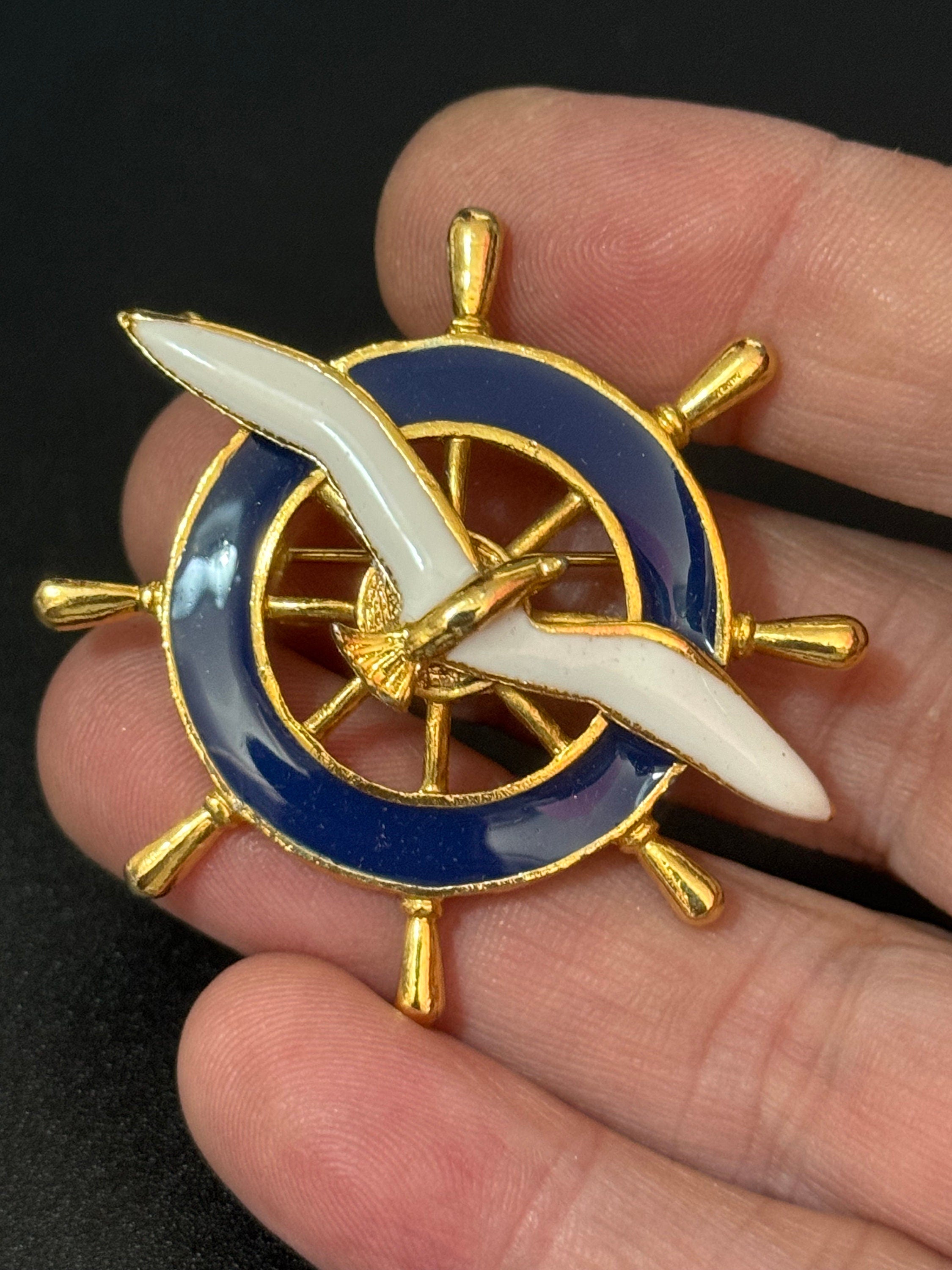 Vintage ships wheel Nautical Brooch, blue enamel with a seagull