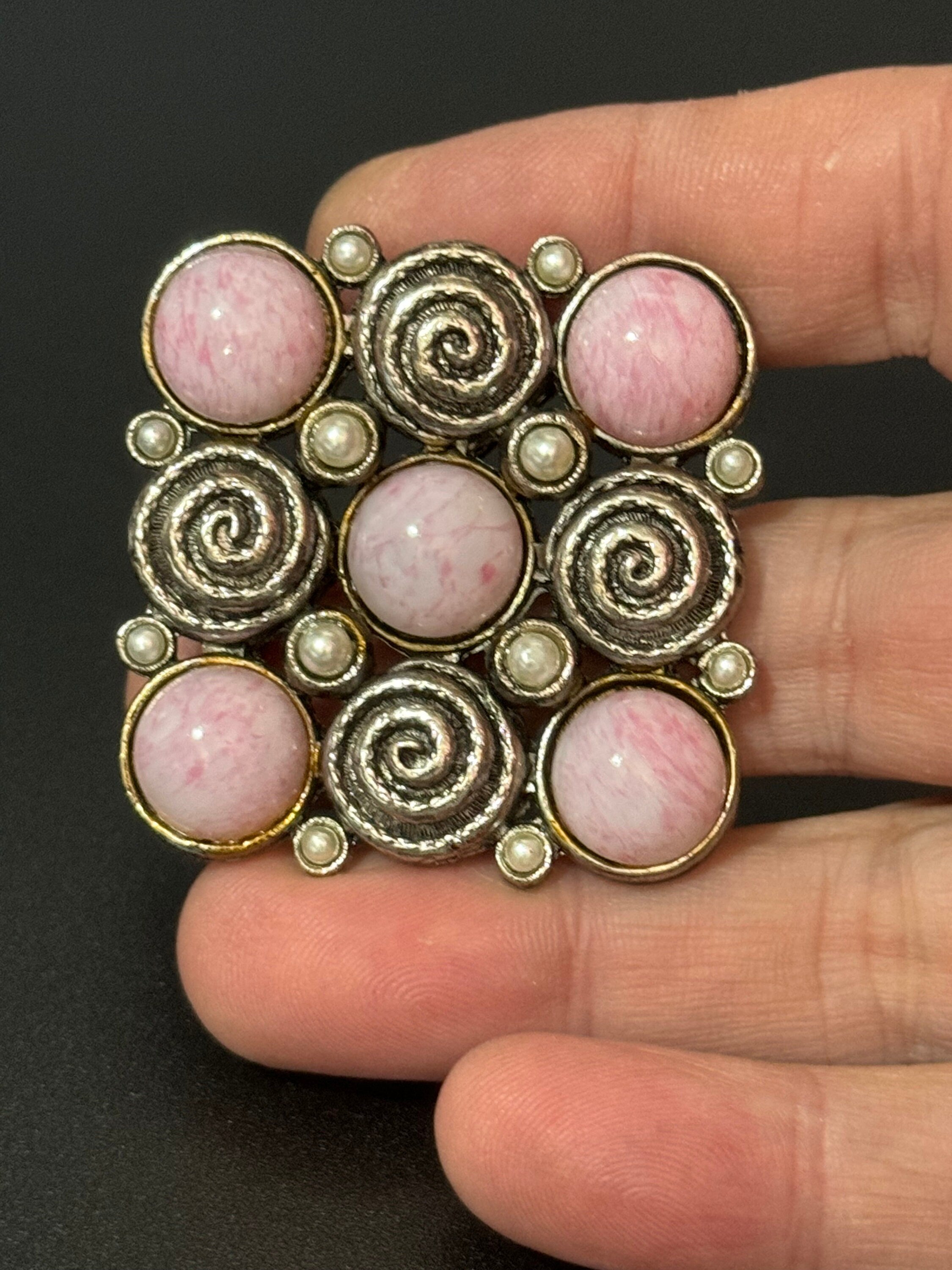 True vintage Chunky square silver tone Etruscan brooch with pearl and pink glass cabochons old shop stock