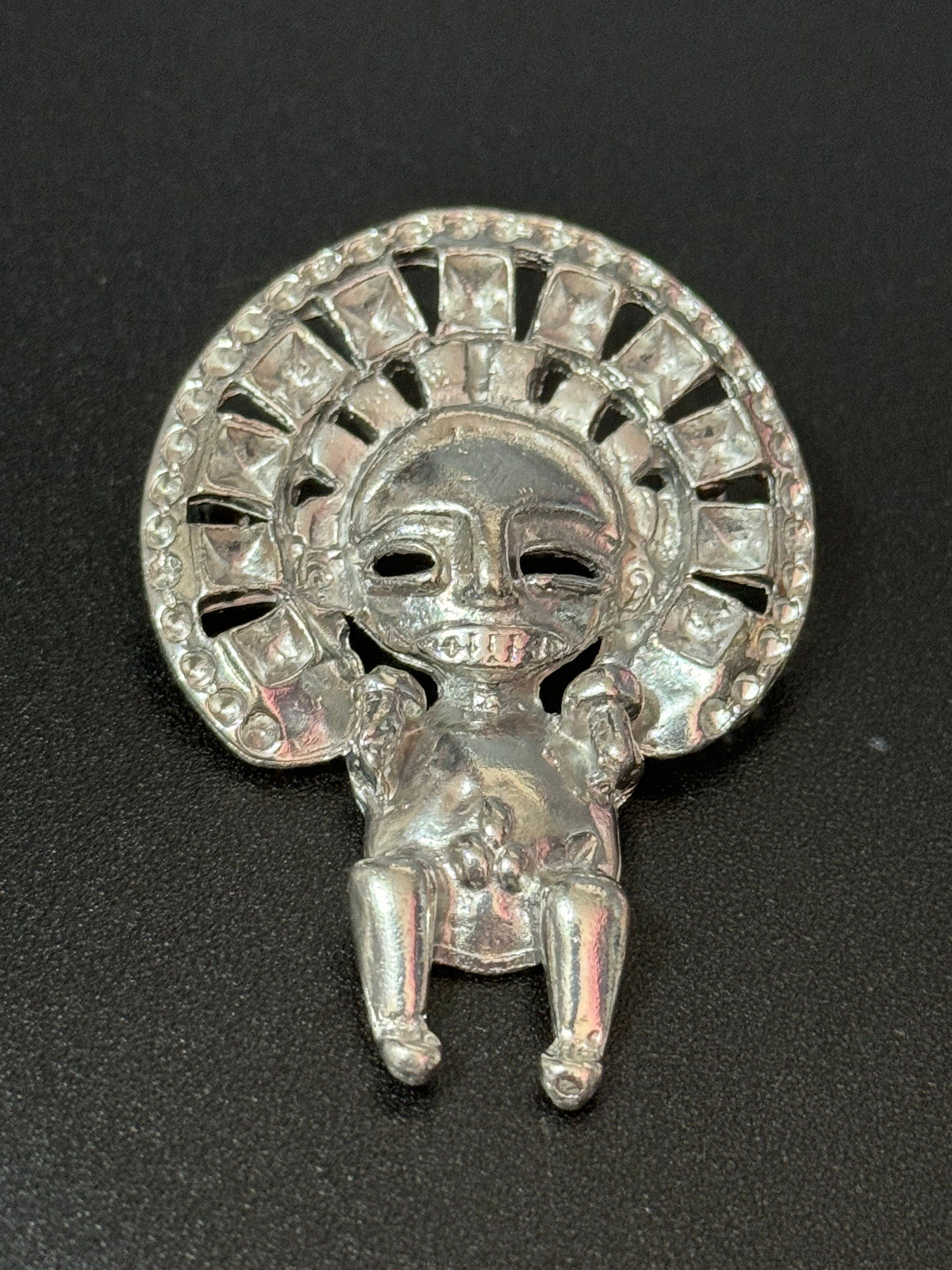 vintage silver tone Mayan Aztec Etruscan figure brooch