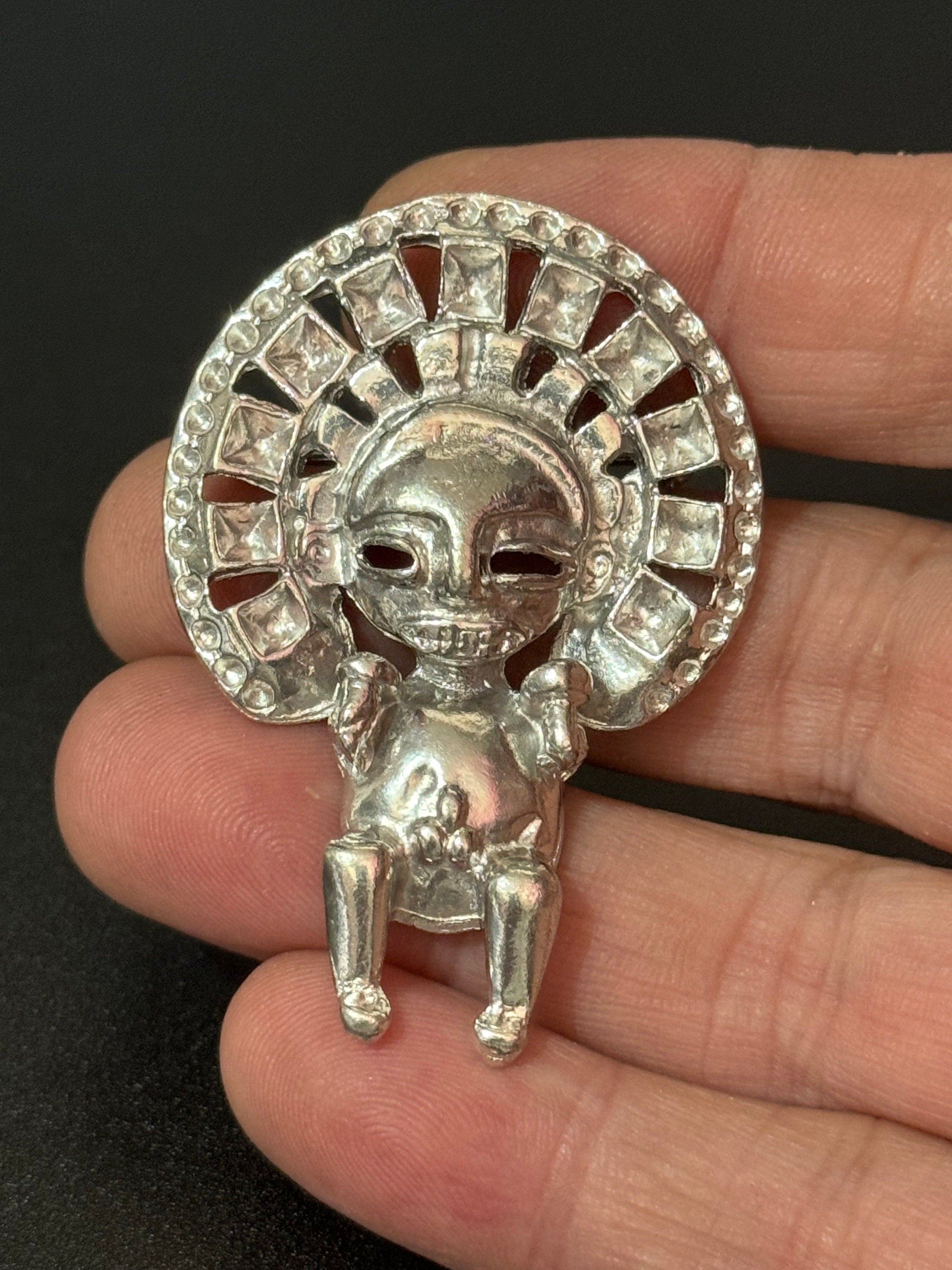 vintage silver tone Mayan Aztec Etruscan figure brooch
