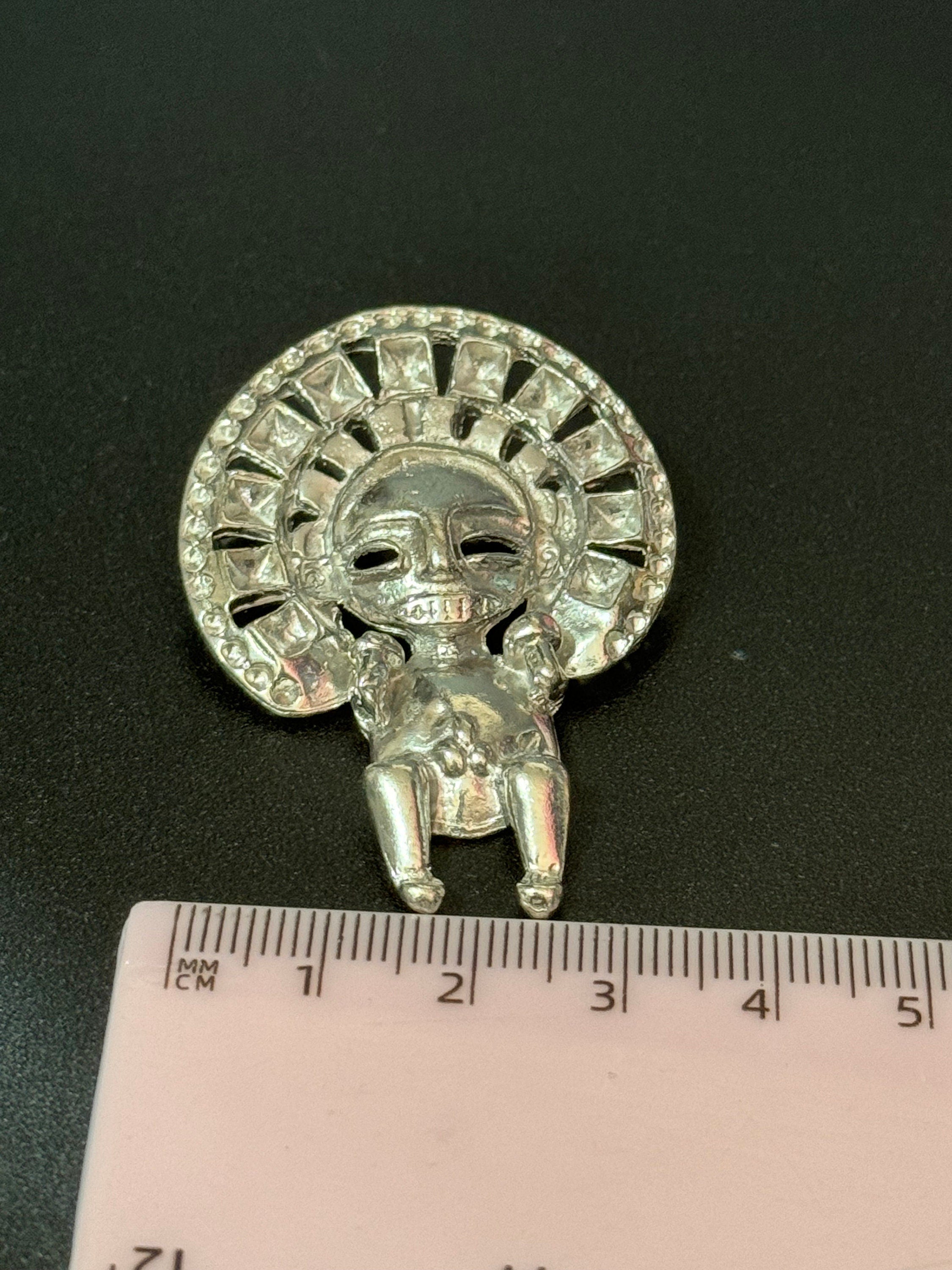 vintage silver tone Mayan Aztec Etruscan figure brooch