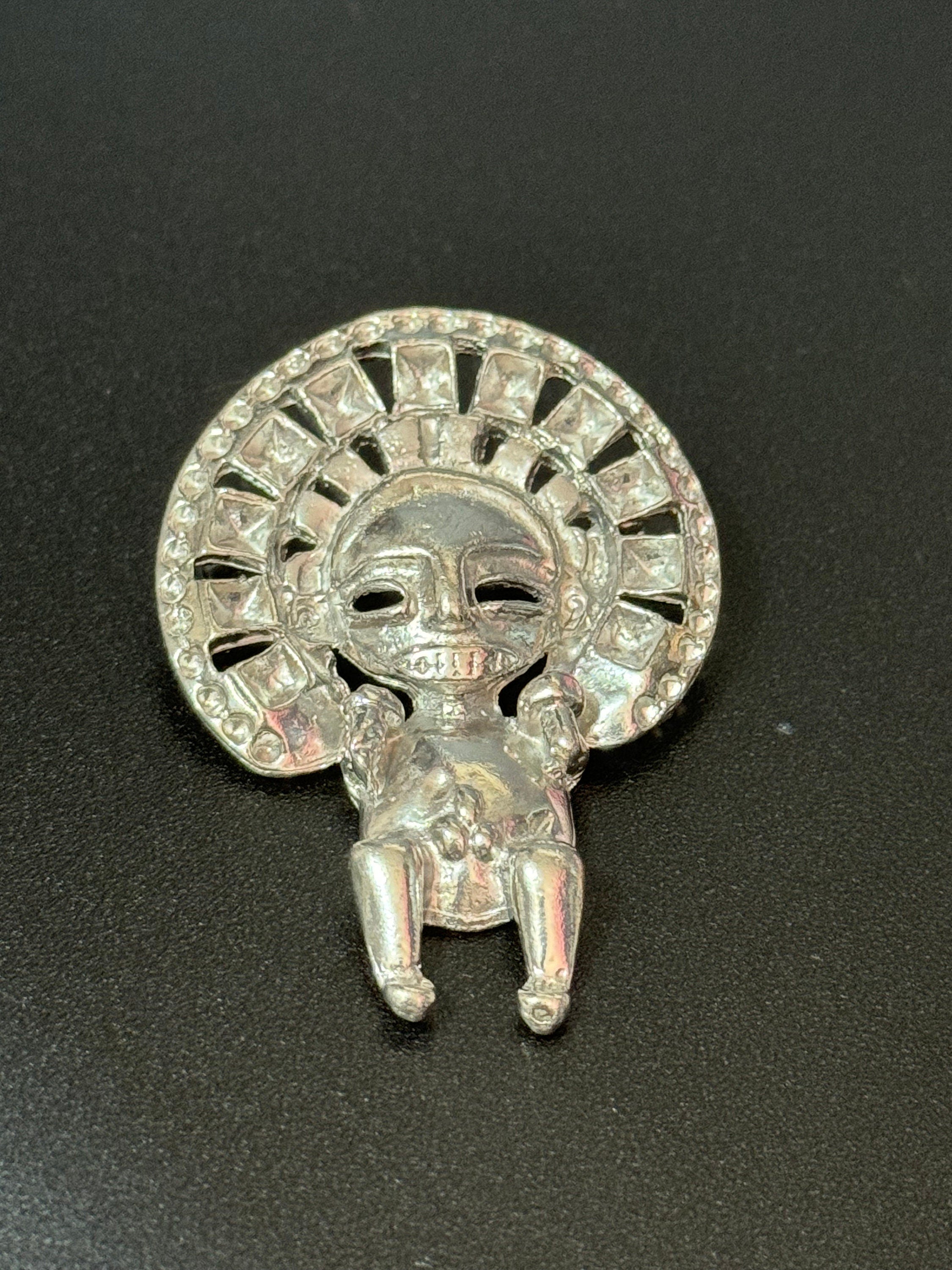 vintage silver tone Mayan Aztec Etruscan figure brooch