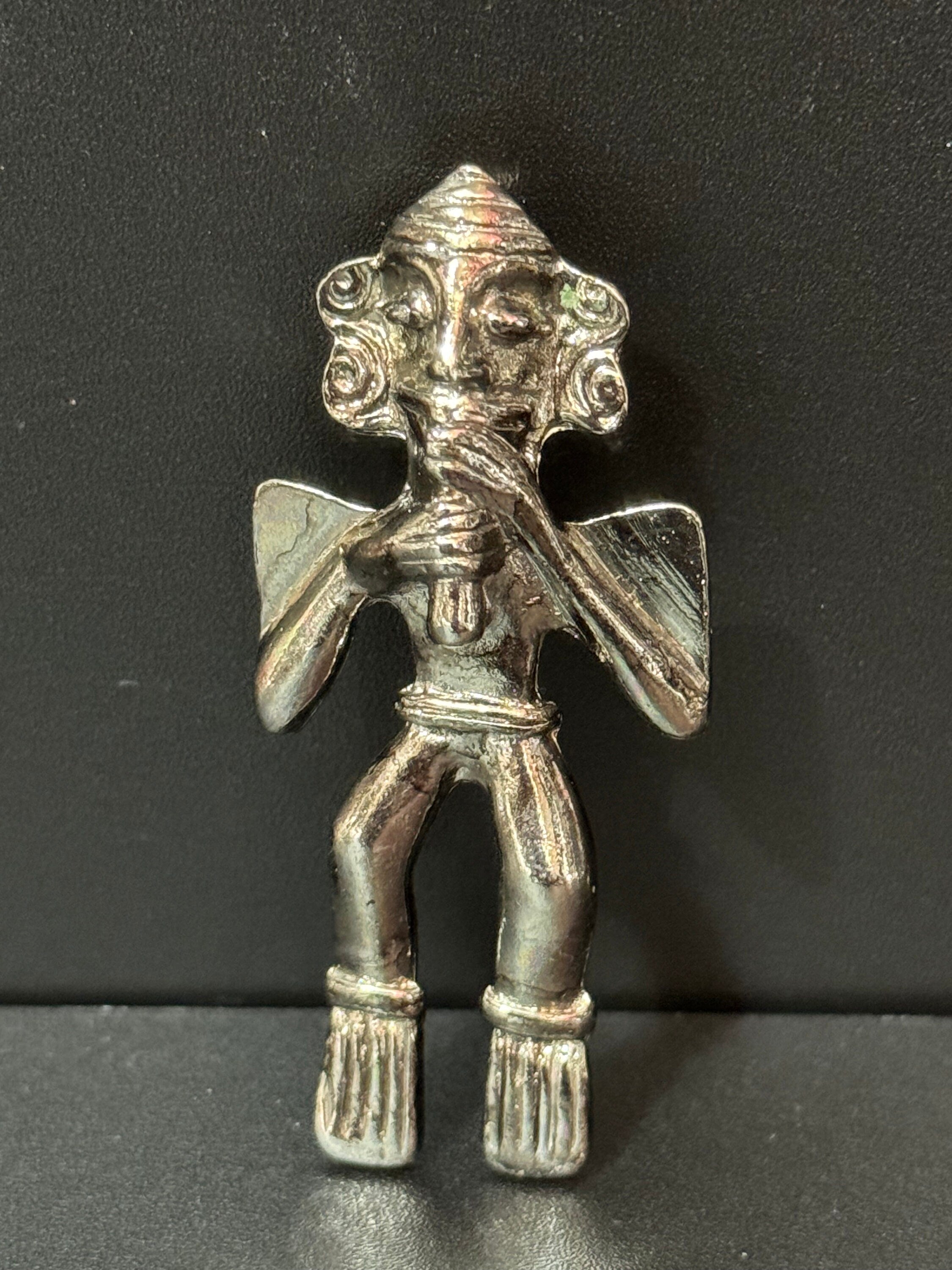 Mayan Aztec Etruscan figure brooch, vintage silver tone