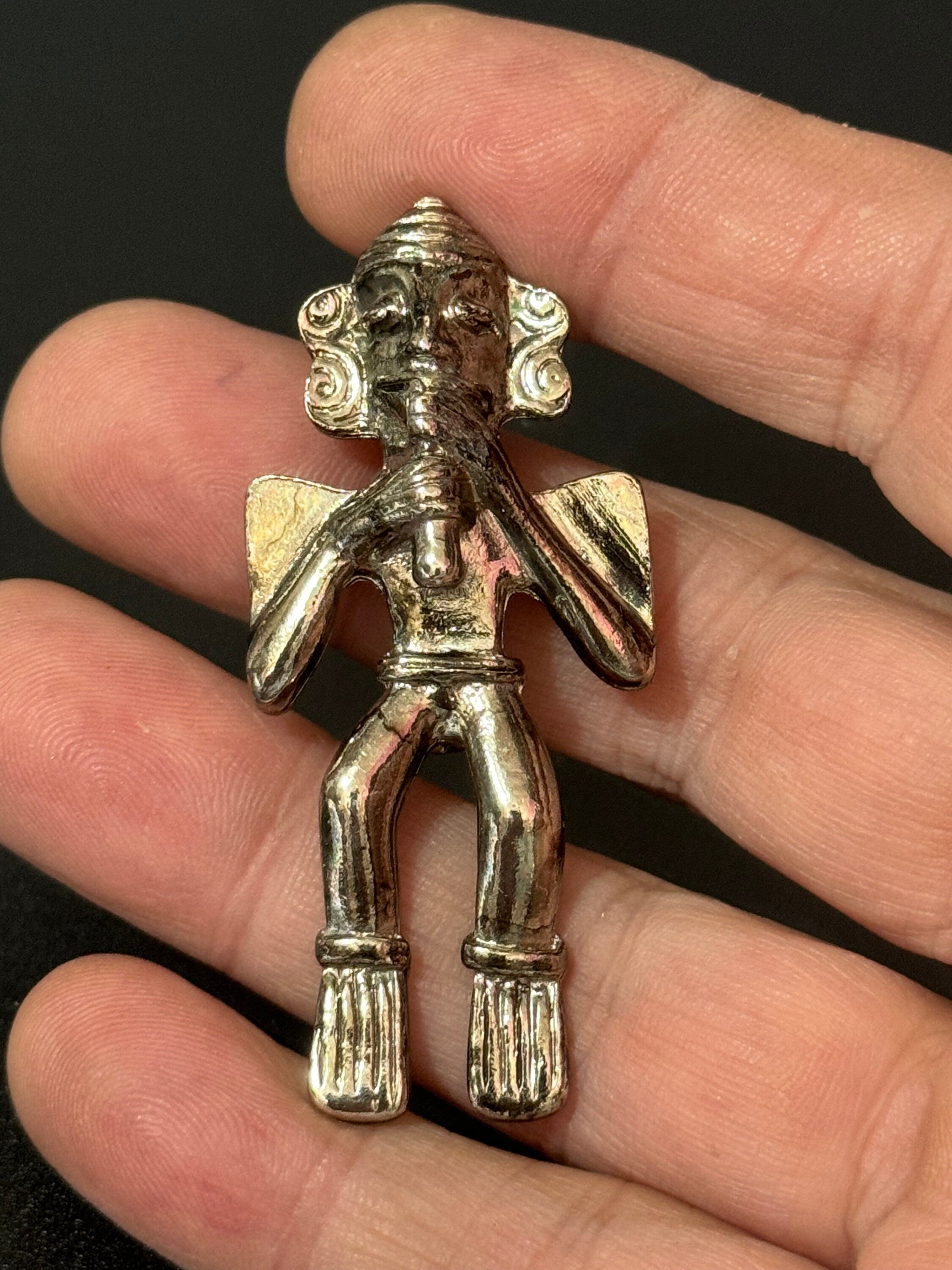 Mayan Aztec Etruscan figure brooch, vintage silver tone