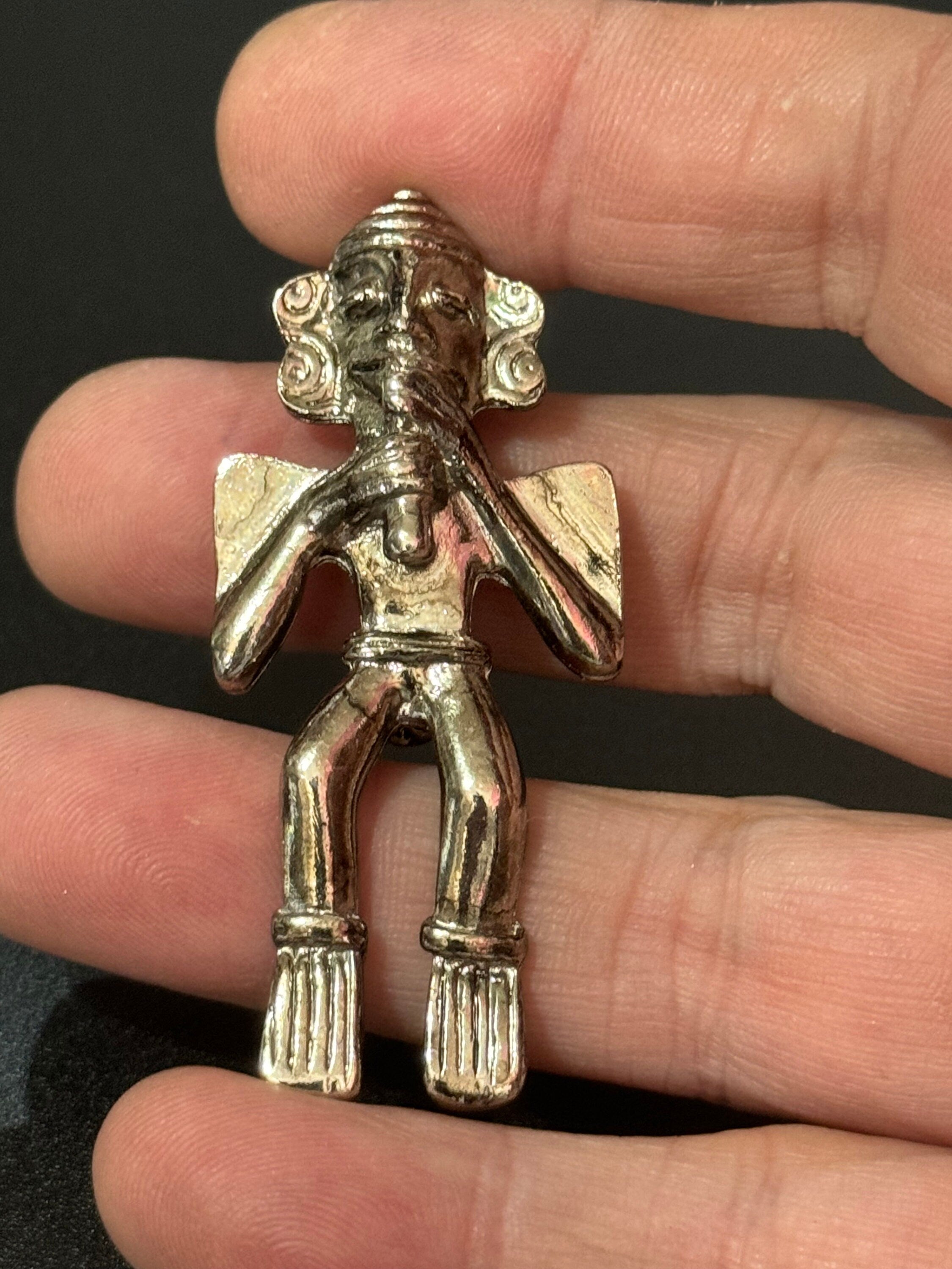 Mayan Aztec Etruscan figure brooch, vintage silver tone