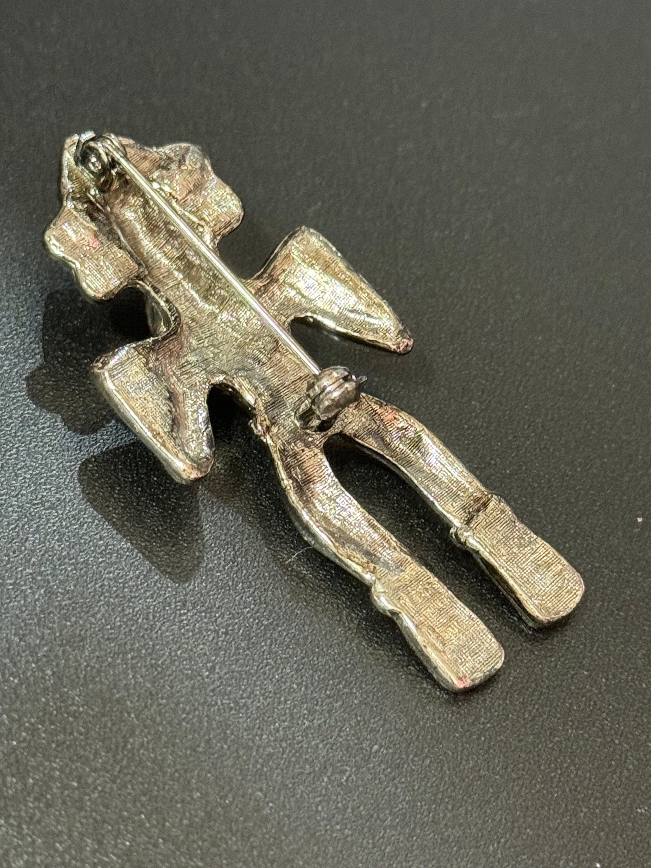 Mayan Aztec Etruscan figure brooch, vintage silver tone