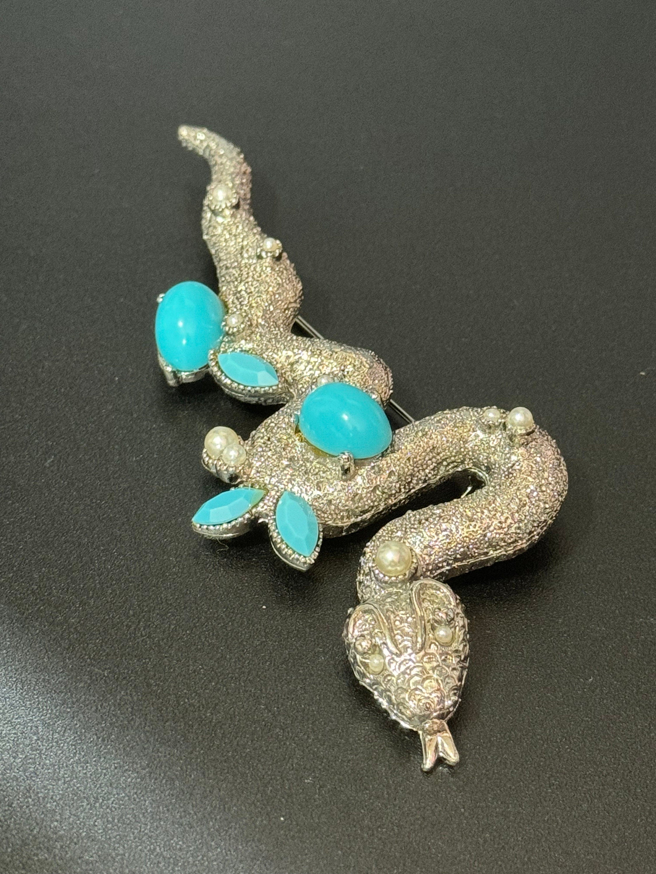 vintage 12cm large silver tone snake brooch set with faux turquoise and pearls