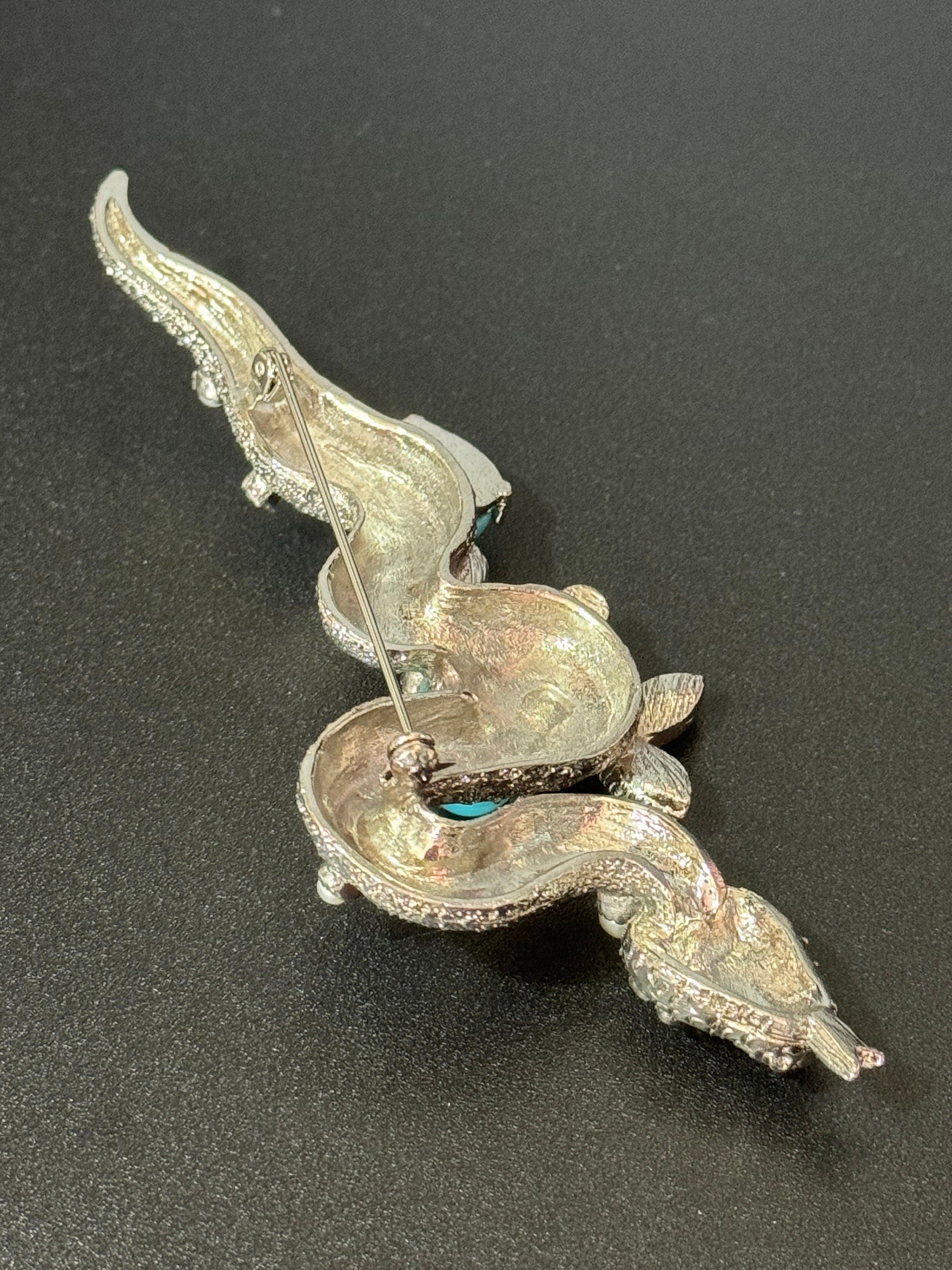 vintage 12cm large silver tone snake brooch set with faux turquoise and pearls