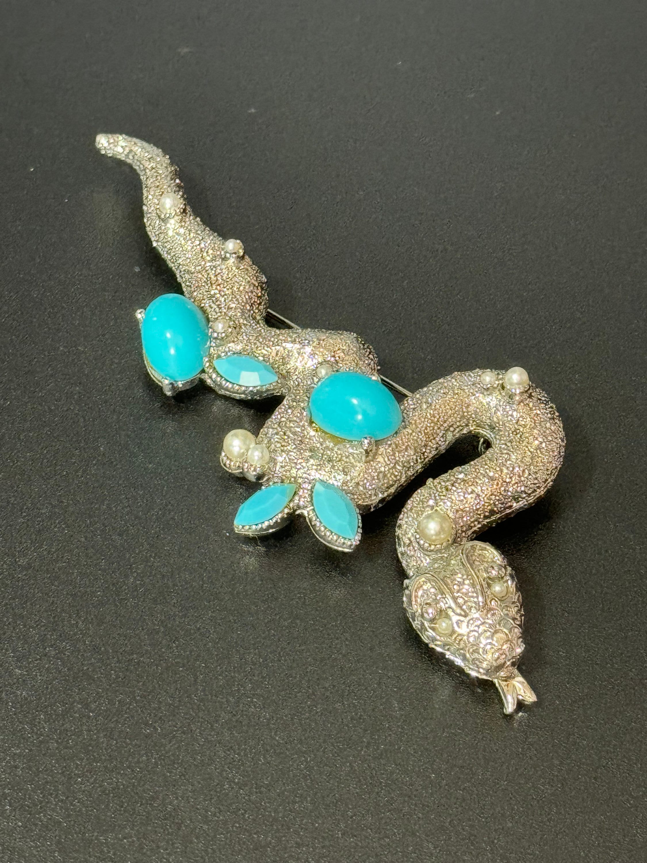 vintage 12cm large silver tone snake brooch set with faux turquoise and pearls